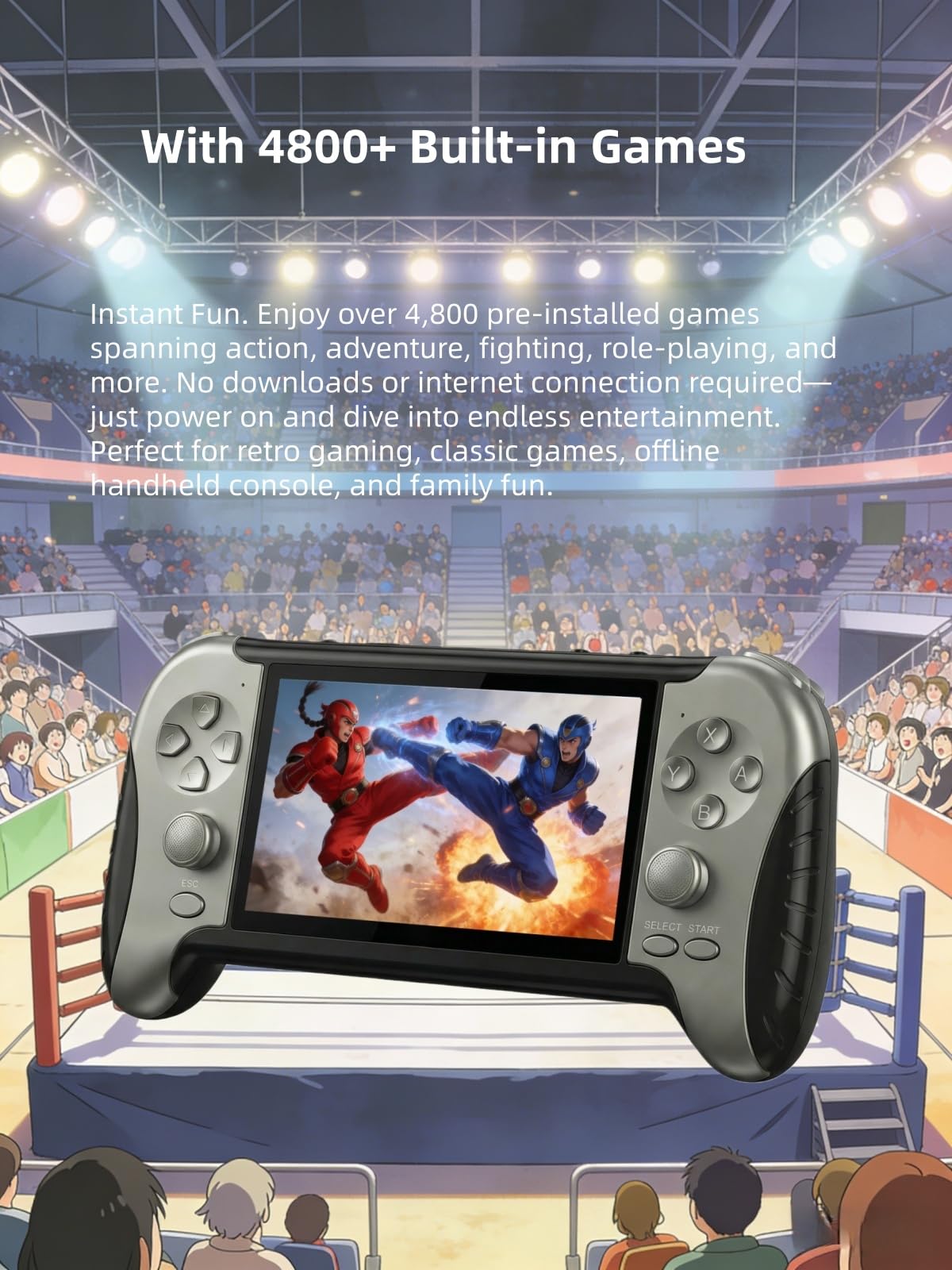 YHFITN 4.3-Inch HD Screen Portable Retro Game Console with Built-in Classic Games - Instant Save, TV Output, Video/Music Player, for Teens & Adults