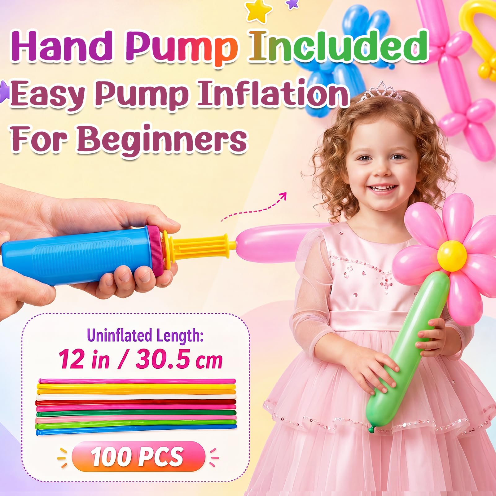 100 Pcs 260 Balloons Kit with Pump - Kids Premium Latex Twisting Long Balloons to Make Animals Flowers, Fun Rainbow Balloons for Party Boys Girls