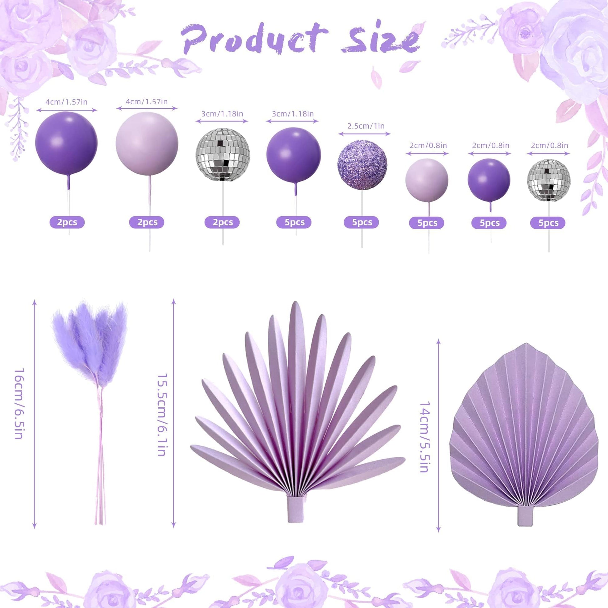 38 PCS Balls Cake Toppers Palm Leaves Cake Decorations for Birthday Wedding Baby Shower Party Supplies (Purple)