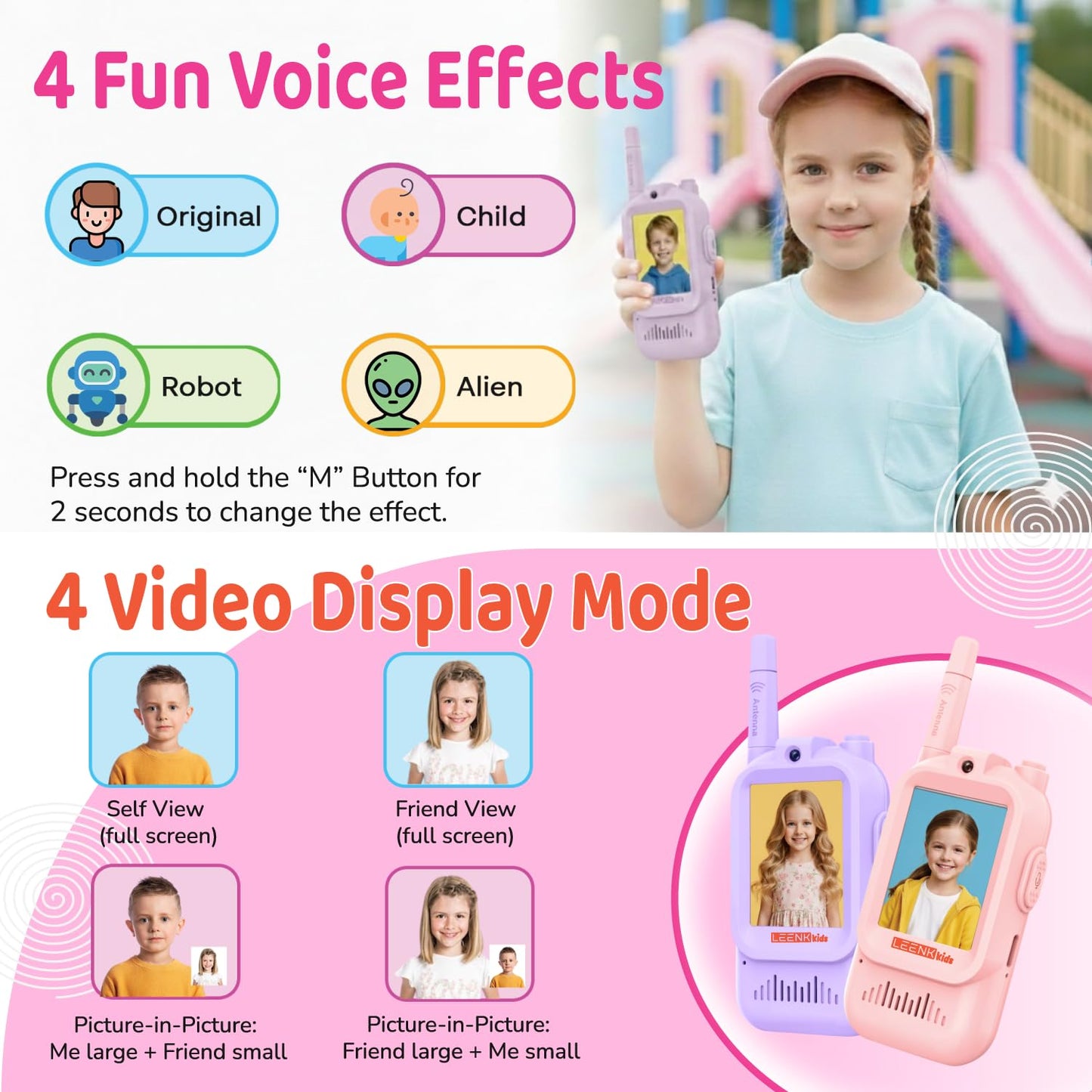 LEENK Video Walkie Talkies for Kids 2 Pack - Rechargeable Video Intercom Handheld, Indoor & Outdoor Range, Easy Use for Ages 3-12, Eco ABS, Clear