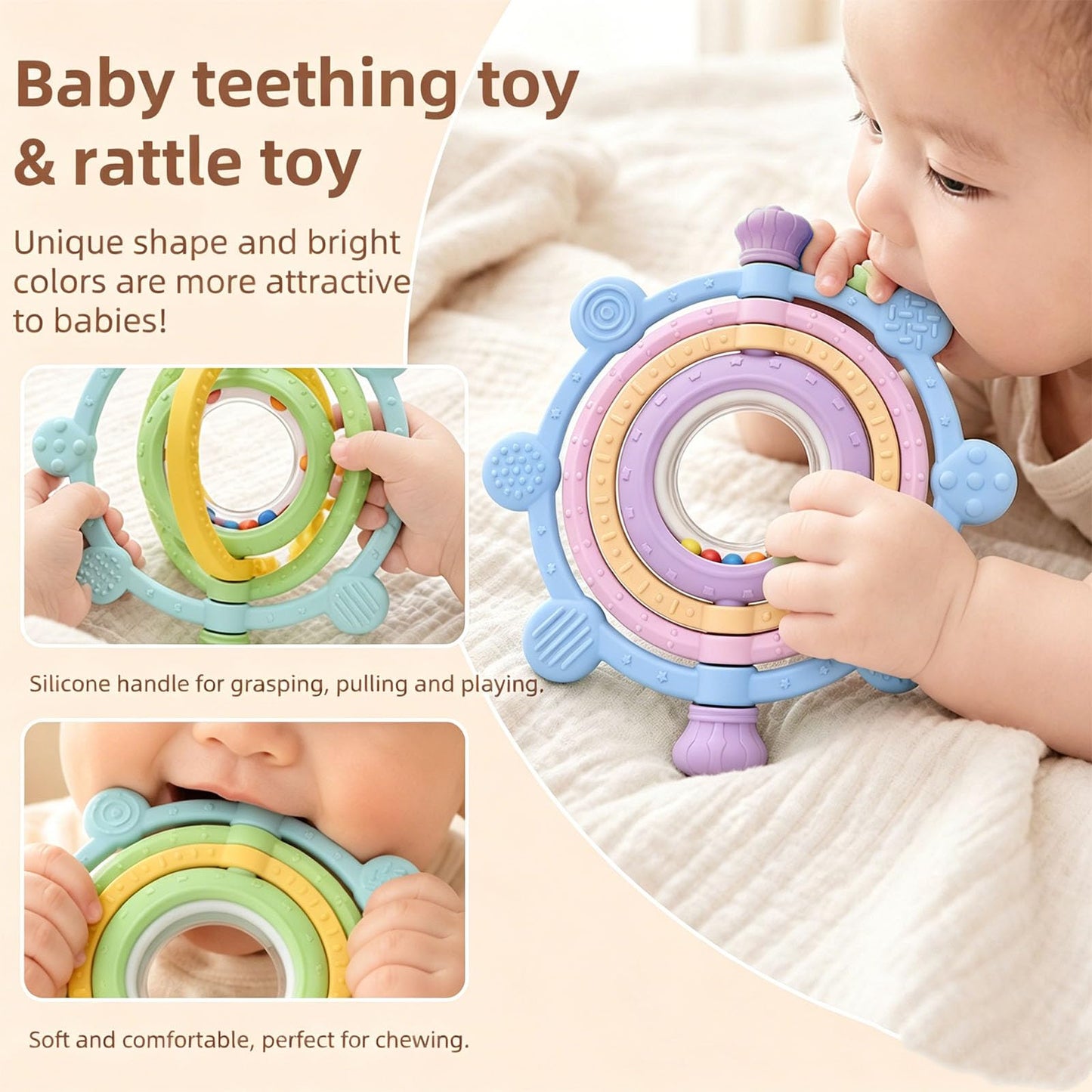 Rotatable Silicone Teether Toy for Babies Over 3 Months -BPA Free, Food Grade Infant Teething Toy with Rattle Ring, Multi Textures Colorful Teethers