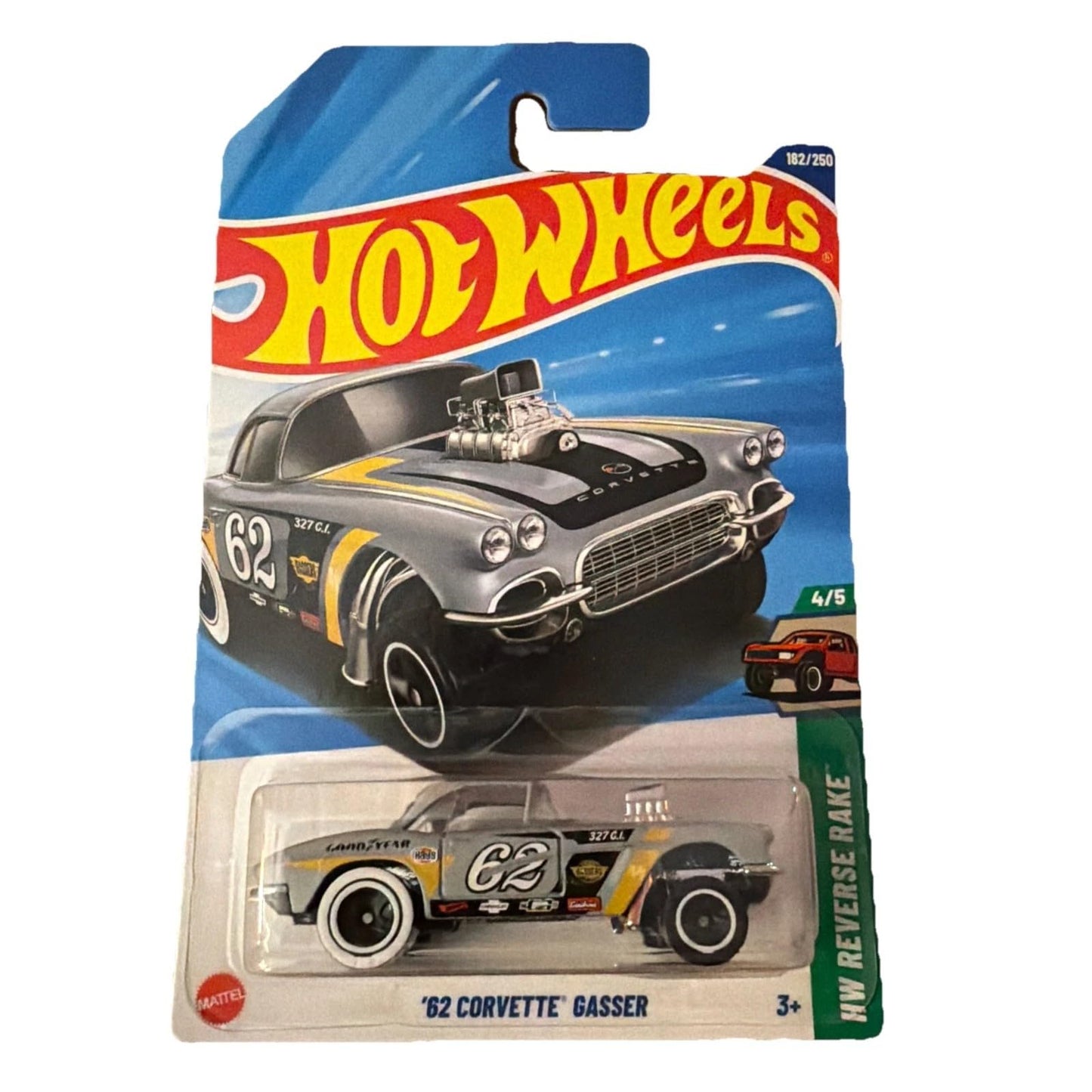 Hot Wheels '62 Corvette Gasser, Grey, HW Reverse Rake Series, 182/250, Die-Cast Toy Car 1:64 Diecast