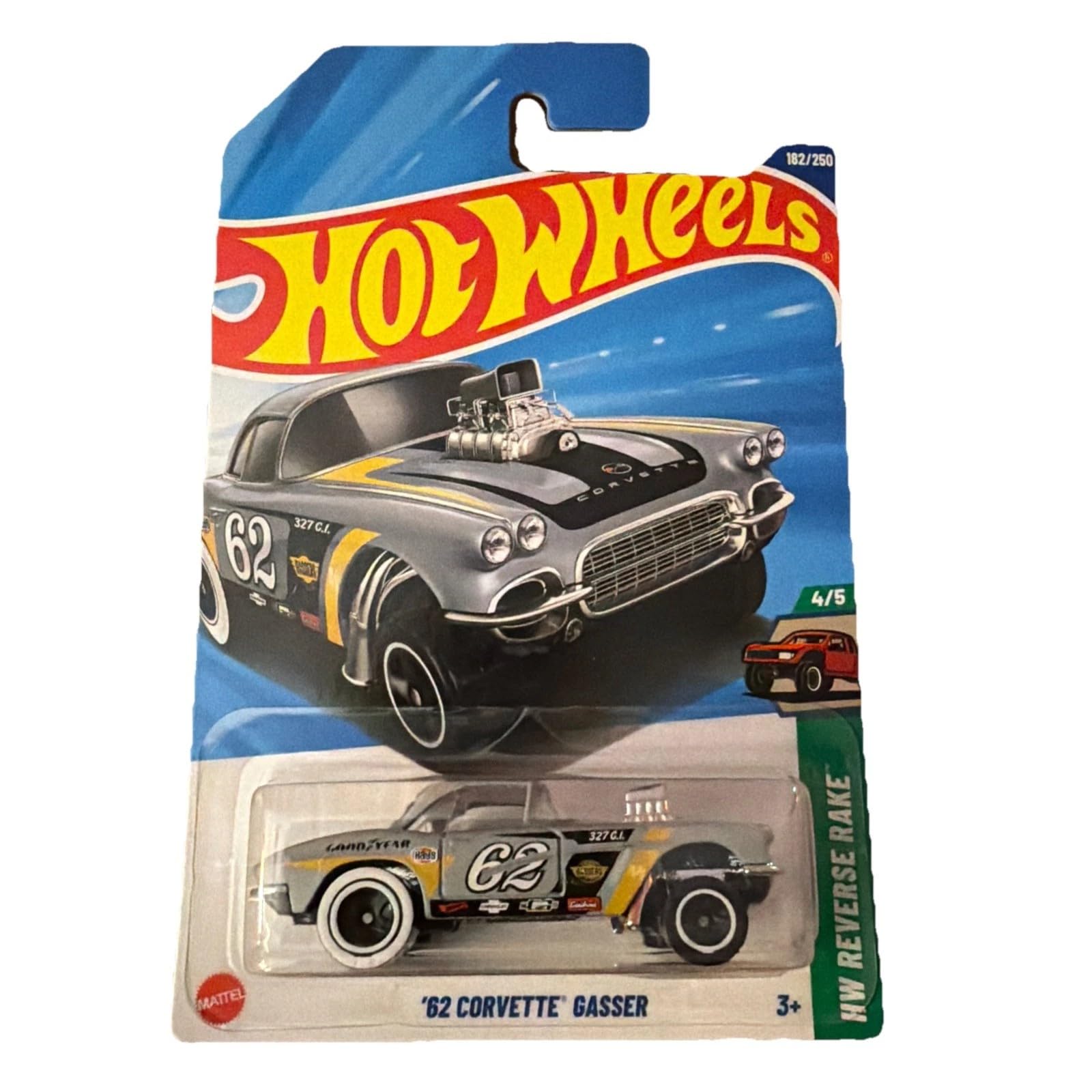 Hot Wheels '62 Corvette Gasser, Grey, HW Reverse Rake Series, 182/250, Die-Cast Toy Car 1:64 Diecast