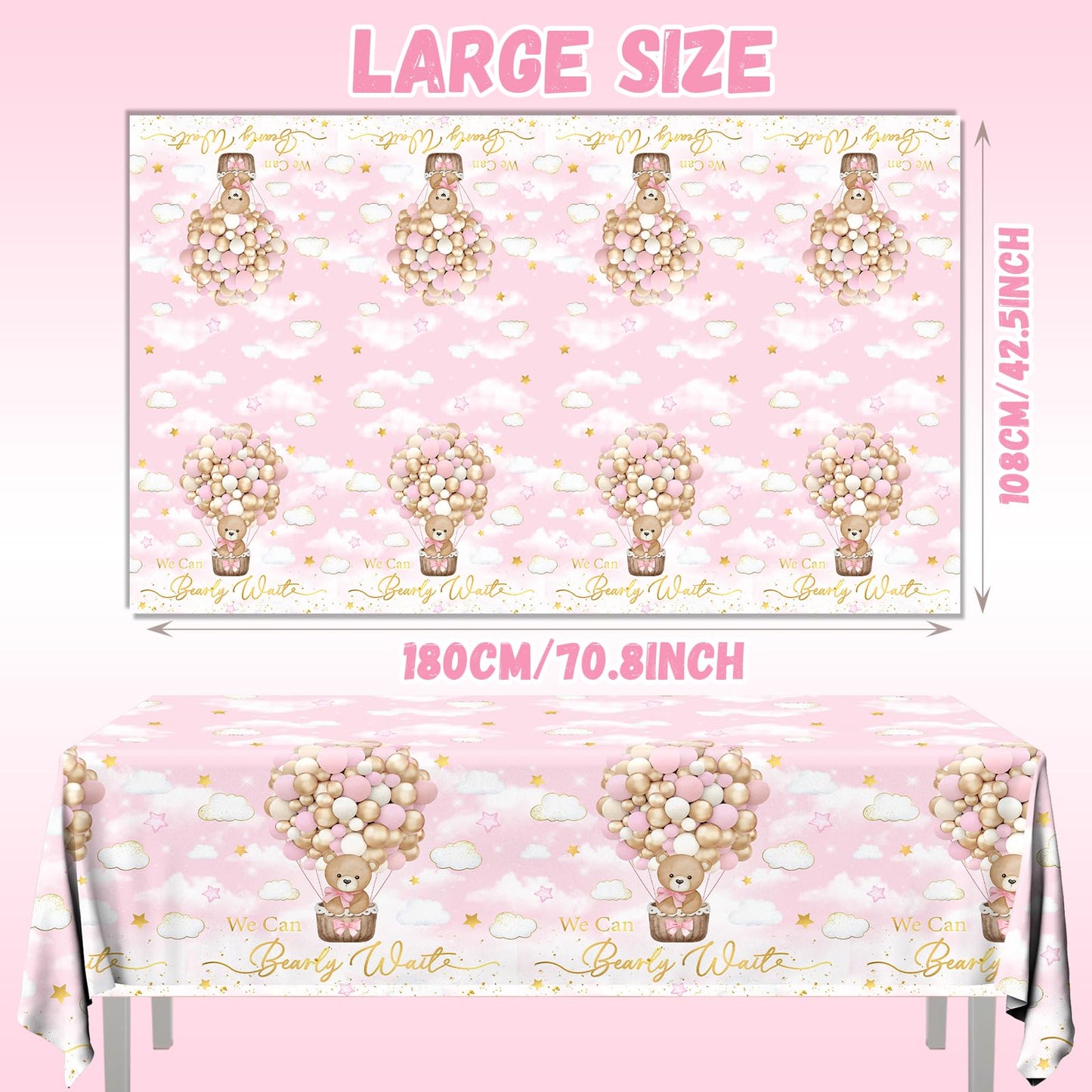 CMUSKO 3Pcs Pink Bear Baby Shower Tablecloth, We Can Barely Wait Baby Shower Decorations Teddy Bear Table Cover for Girls Bear Beraly Wait Party