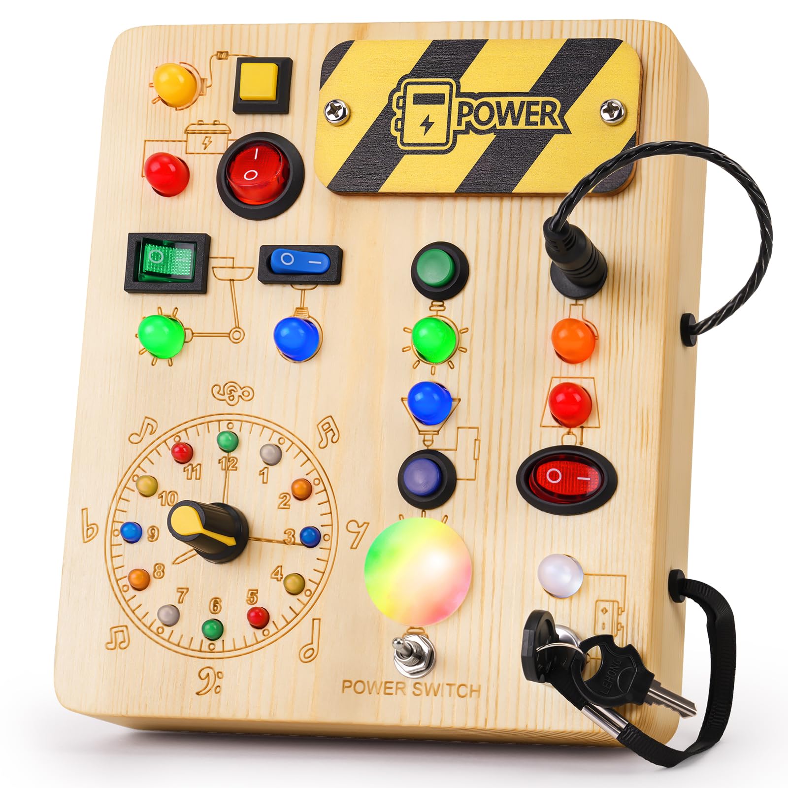 OAKJAR Busy Board with Led Light, Montessori Toys for 1-3 Years Old Boys Girls Wooden Toddler Toys Birthday Gift Educational Toys for 1+ Year Old