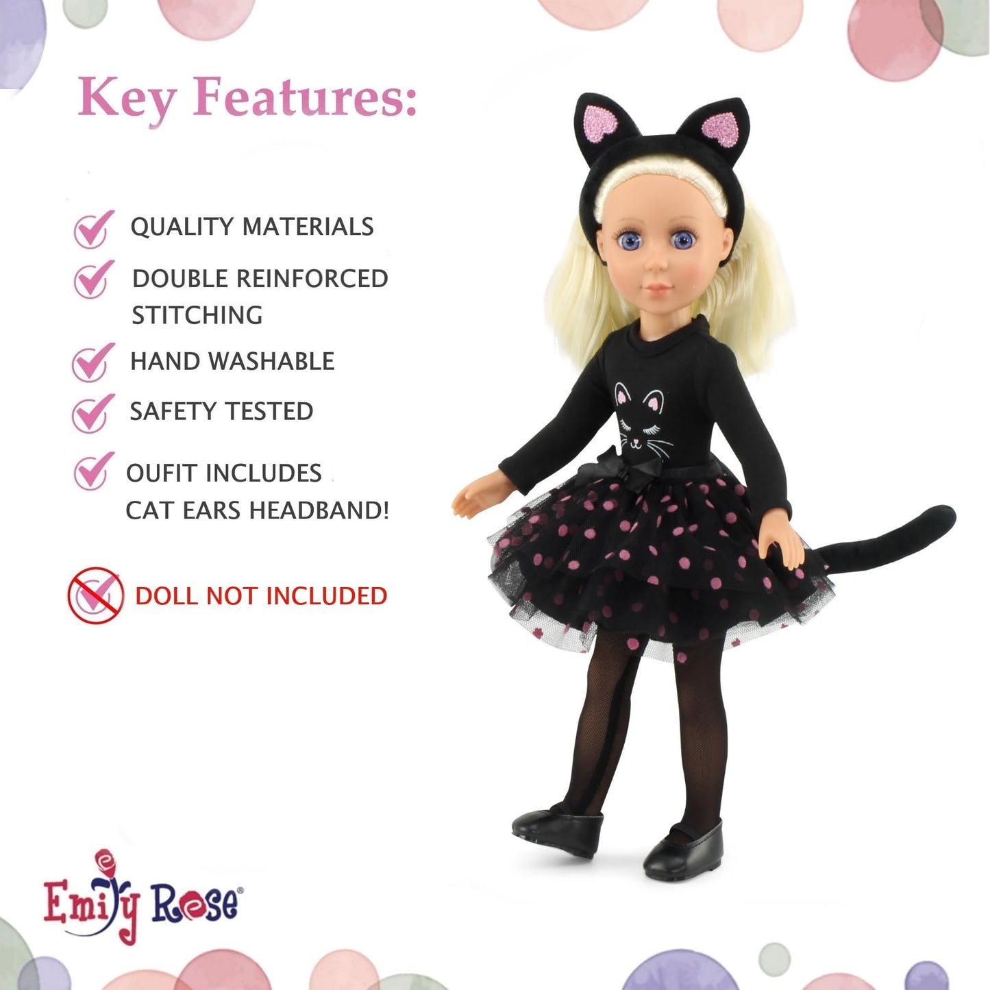 Emily Rose 14" Doll Black Cat Costume 5-Piece Set - Leotard, Tutu, Cat Ears, Tights & Shoes | Compatible with Wellie Wishers Glitter Girls 14" Dolls