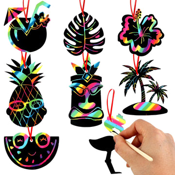 64 Pcs Hawaiian Luau Party Scratch Cards Art Magic Rainbow Scratch Cards Flamingo Pineapple Beach Coconut Shape Scratch Paper Art Crafts with Stick