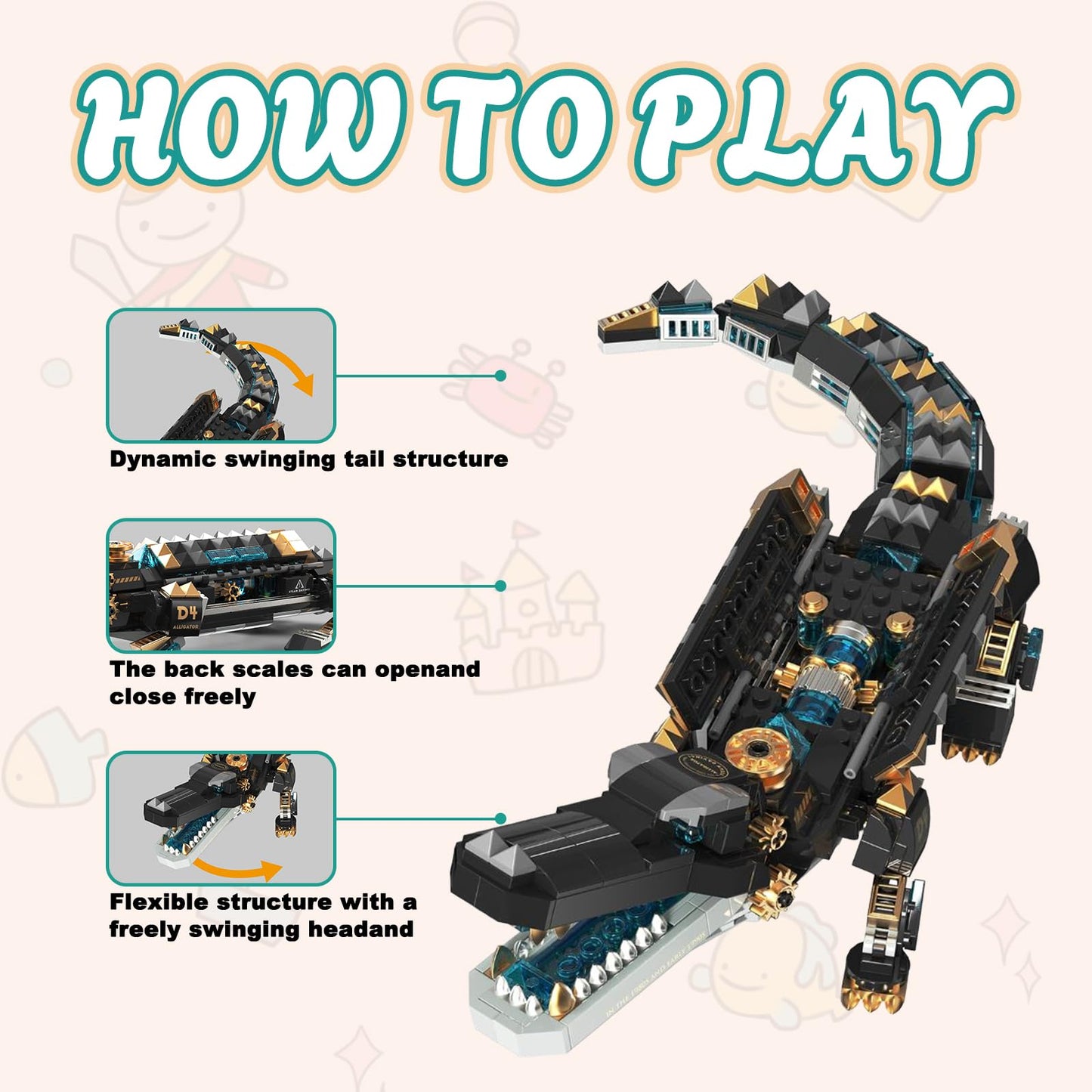 LQPFBSM Mechanical Alligator Building Set 541 Pieces Steampunk Crocodile Model Kit with Golden Nameplate Articulated Swamp Beast Construction Toy