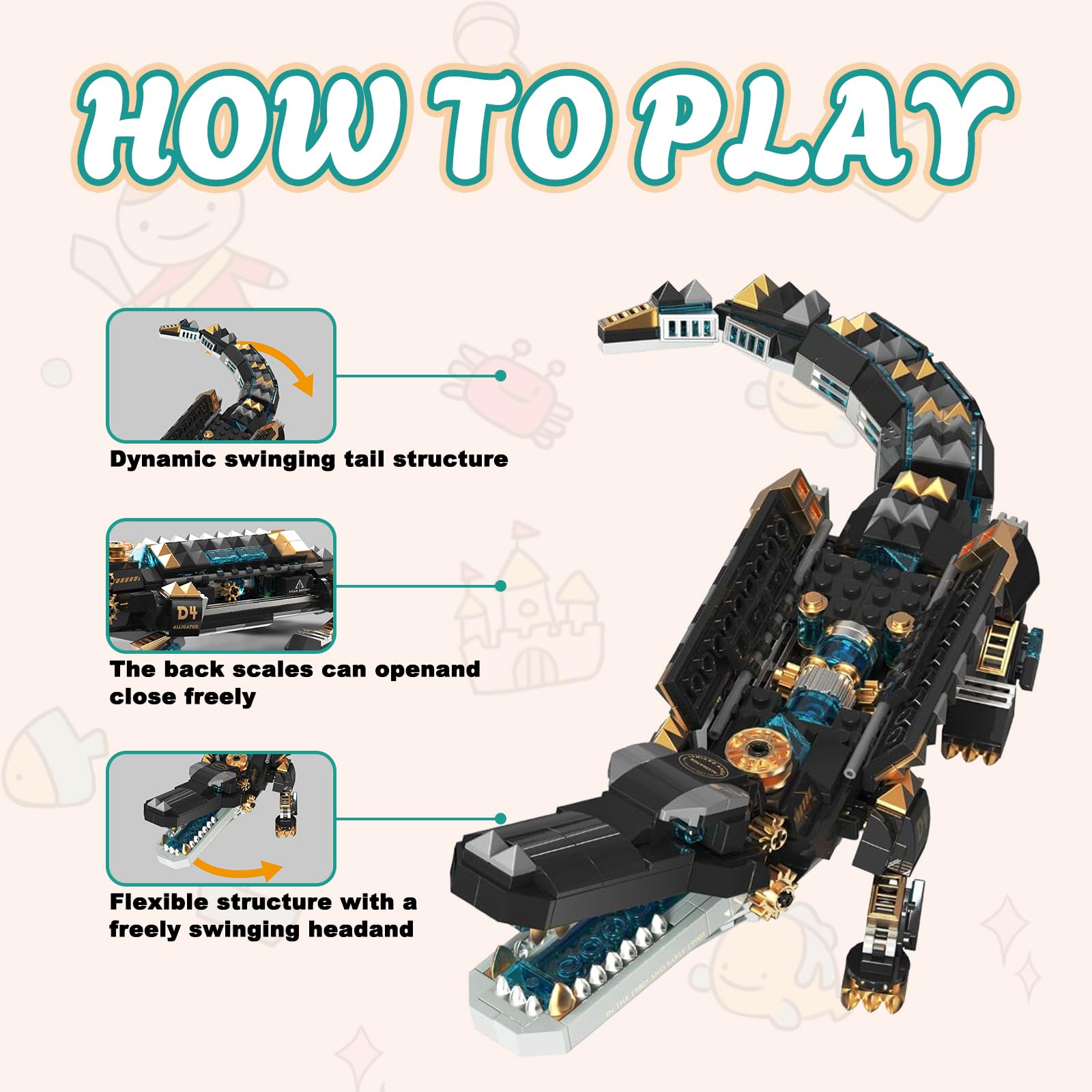 LQPFBSM Mechanical Alligator Building Set 541 Pieces Steampunk Crocodile Model Kit with Golden Nameplate Articulated Swamp Beast Construction Toy