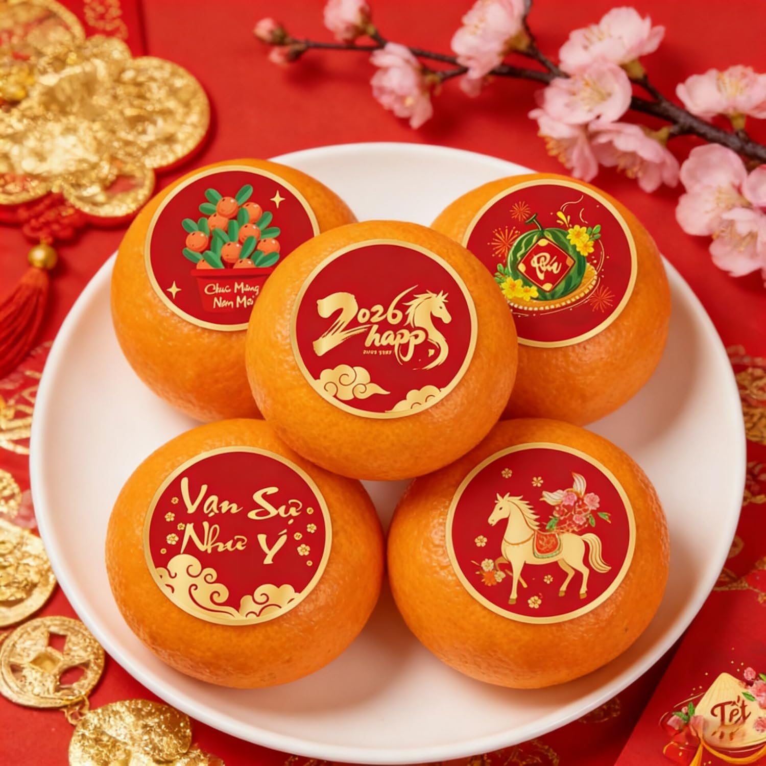 KYMY 2026 Vietnamese New Year Stickers, 180pcs T?t Vi?t NAM Spring Festival Paper Decals, Lunar New Year Zodiac Horse Round Labels for Party Favors
