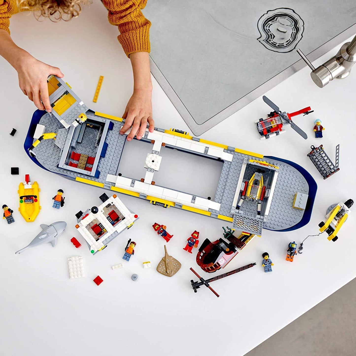 LEGO City Ocean Exploration Ship 60266, Toy Exploration Vessel, Mini Helicopter, Submarine, Shipwreck with Treasure, Lifeboat, Stingray, Shark, Plus 8