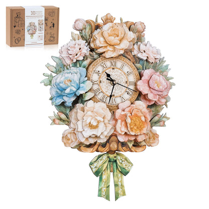 Rnfinewow 3D Wooden Puzzles for Adults, Flower Clock with Pendulum Model Kit, 3D Puzzles for Adults Room Home Decor DIY Wall Clock Kit, Holiday