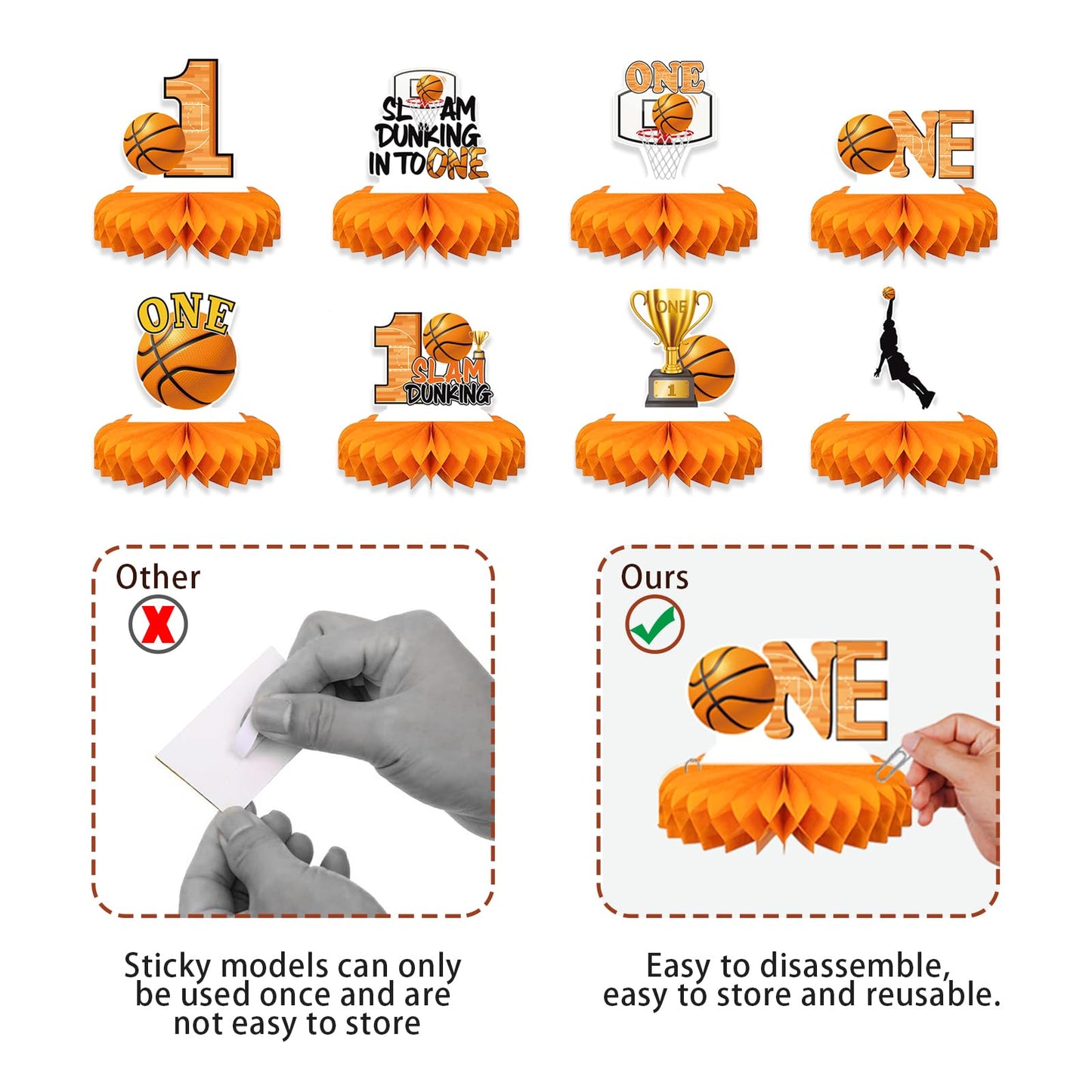 8Pcs Basketball 1st Birthday Decorations Centerpiece for Boys, Reusable First Year Down Basketball Theme Table Centerpiece Party Supplies, Sports
