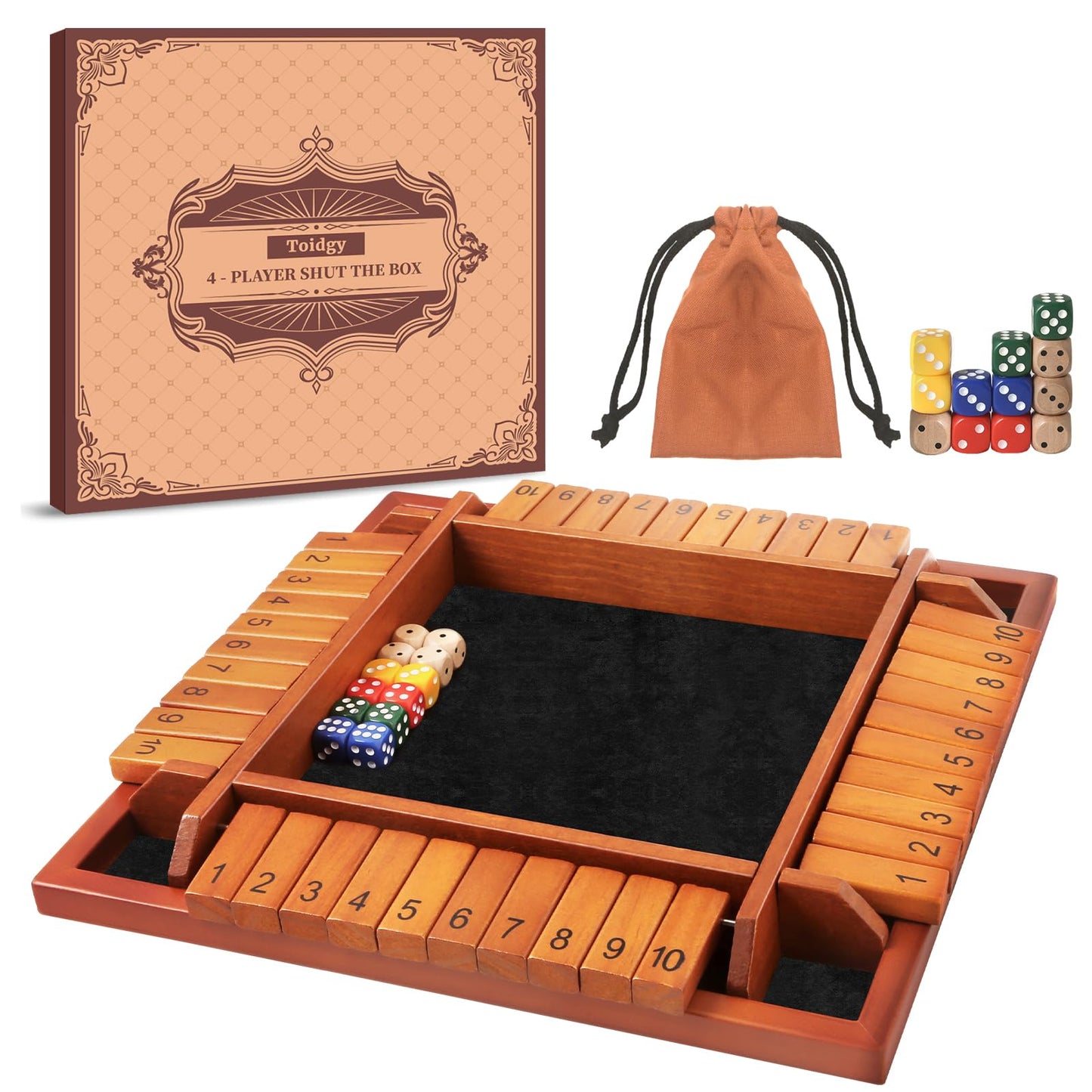 Toidgy 4 Players Shut The Box Dice Games, Wooden Board Table Math Game with 12 Dice and Instructions, Classics Close The Box Board Game for Adults