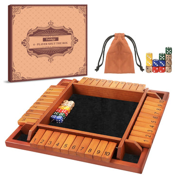 Toidgy 4 Players Shut The Box Dice Games, Wooden Board Table Math Game with 12 Dice and Instructions, Classics Close The Box Board Game for Adults