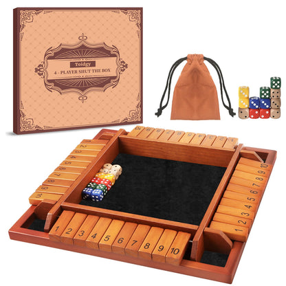 Toidgy 4 Players Shut The Box Dice Games, Wooden Board Table Math Game with 12 Dice and Instructions, Classics Close The Box Board Game for Adults