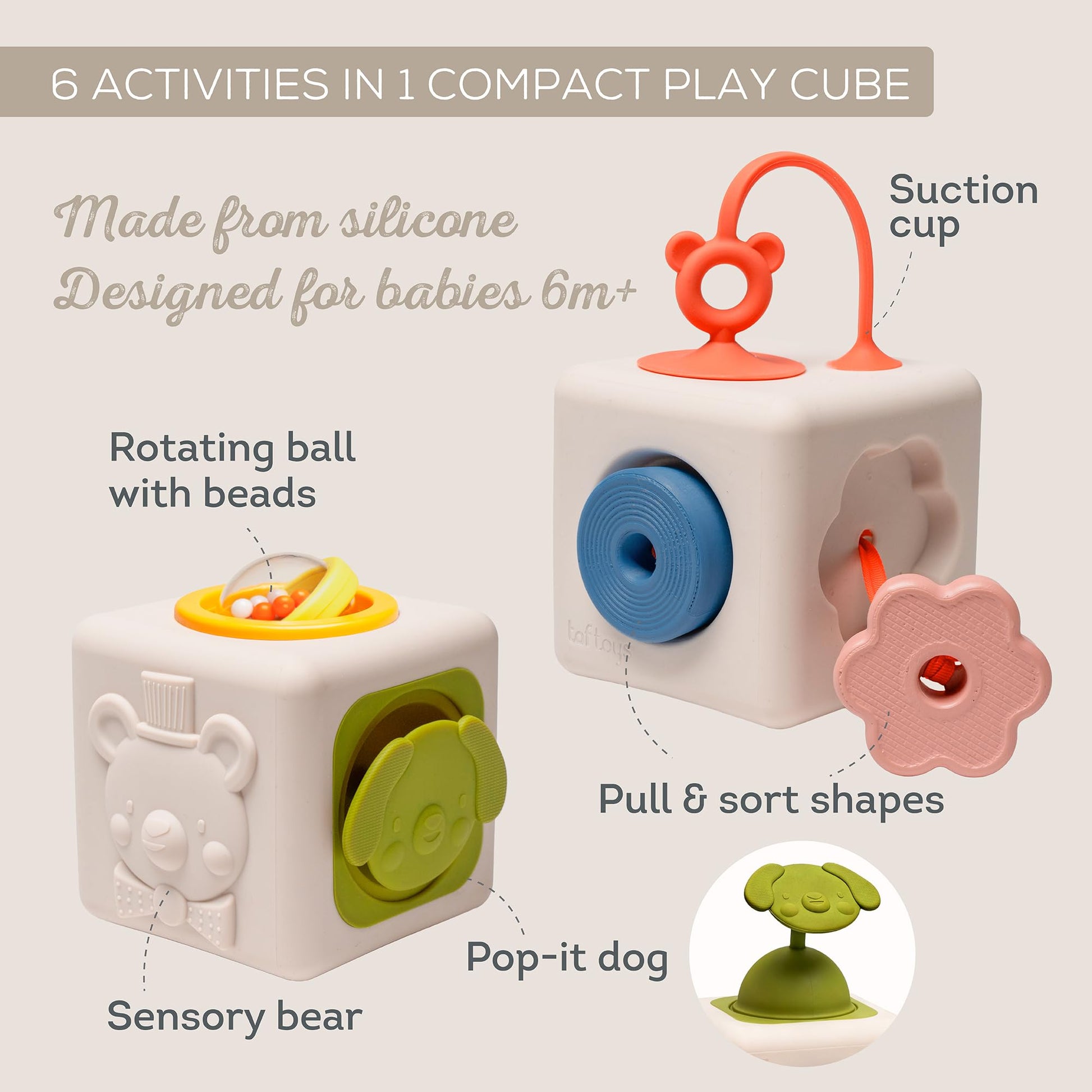 Taf Toys Busy Cube Toy Silicone Activity Cube for Baby 6 Months & Up Pop-It, Shape-Sorting, Sensory Exploration Spinning Bead Ball Develop Motor