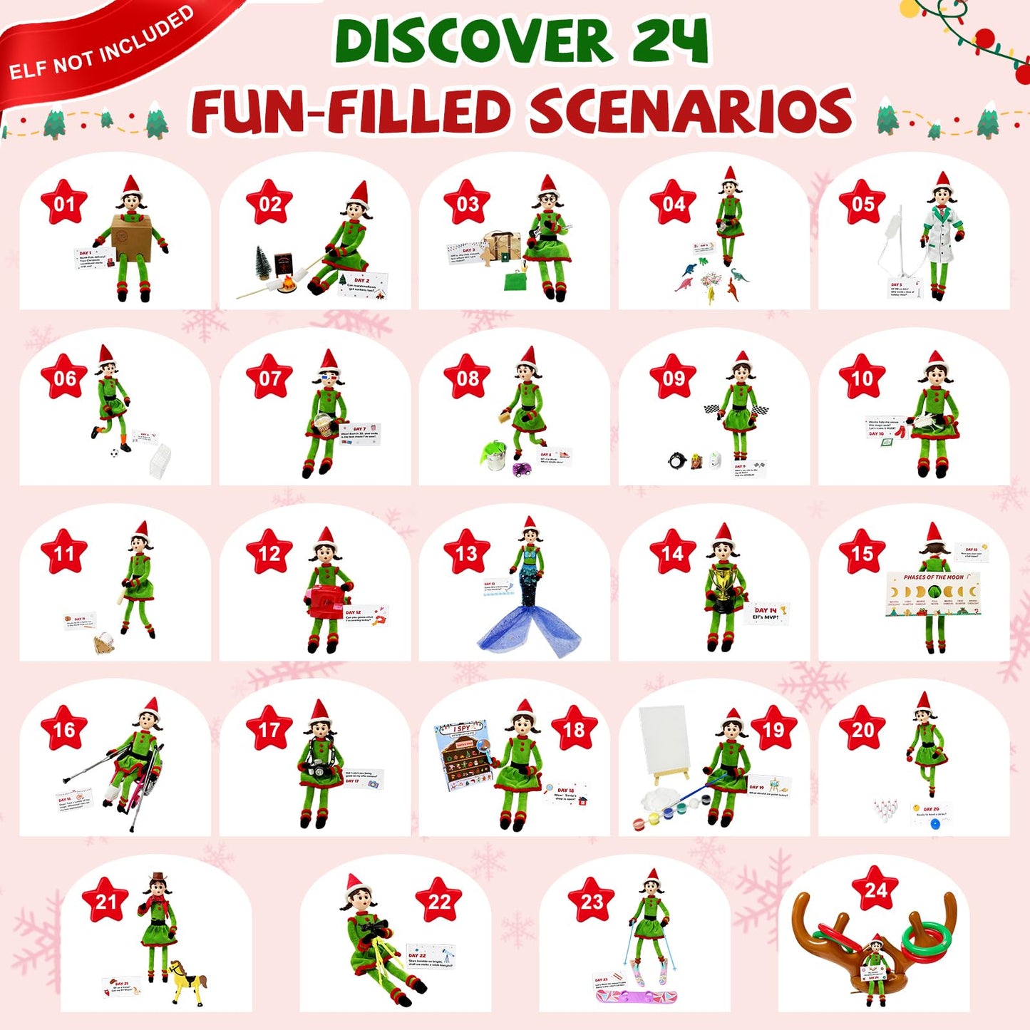 Elf Kit 24 Days of Christmas 2025-include 24 Daily Surprise Scenes & Accessories Elf Mischief Clothes Starter Kit Countdown For Family Christmas