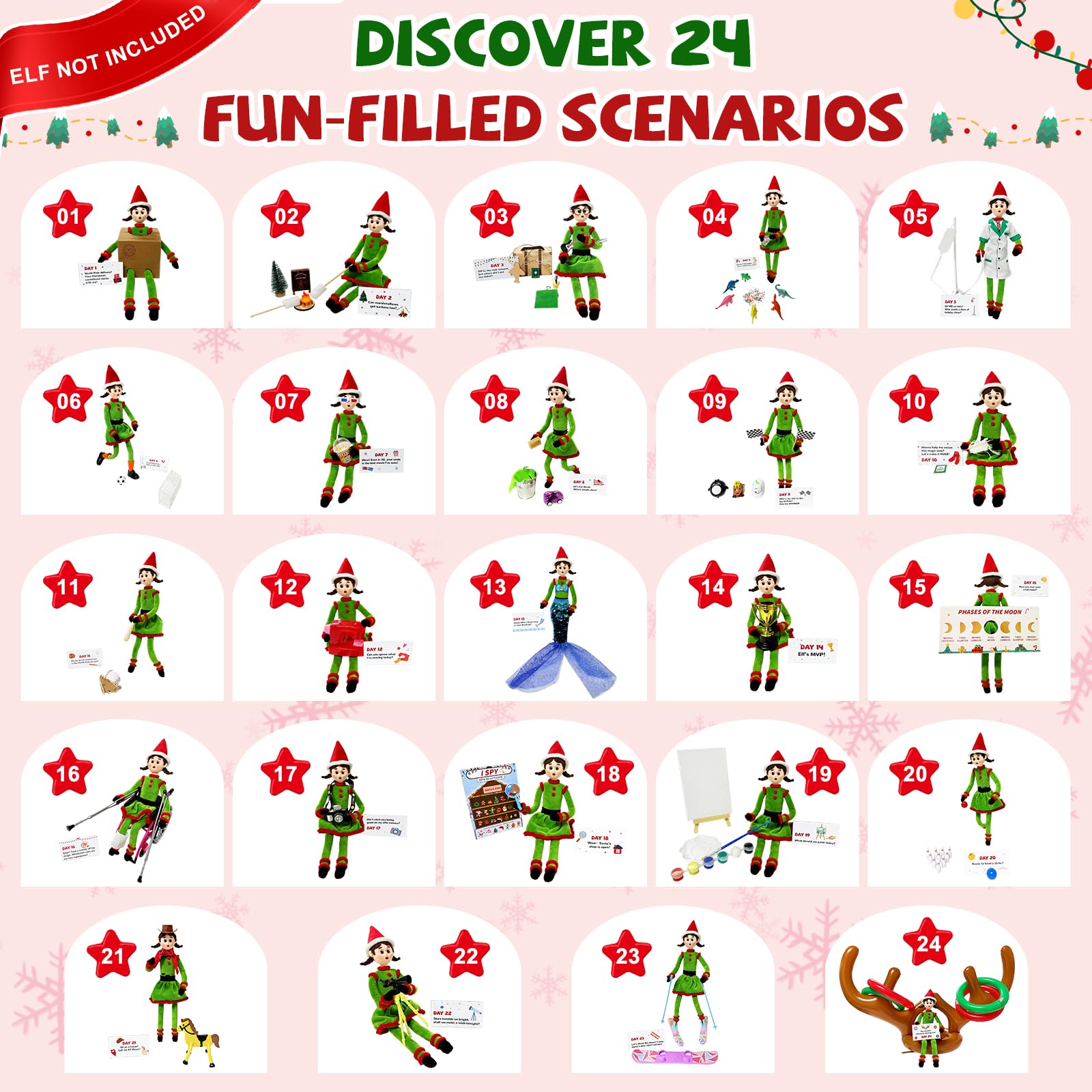 Elf Kit 24 Days of Christmas 2025-include 24 Daily Surprise Scenes & Accessories Elf Mischief Clothes Starter Kit Countdown For Family Christmas