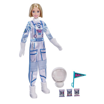 Barbie Space Discovery Astronaut Doll, Blonde, in Spacesuit with Helmet, Gloves, Flag & 3 Mini Packs of Astronaut Food (Non-Edible) for 3 to 7 Year