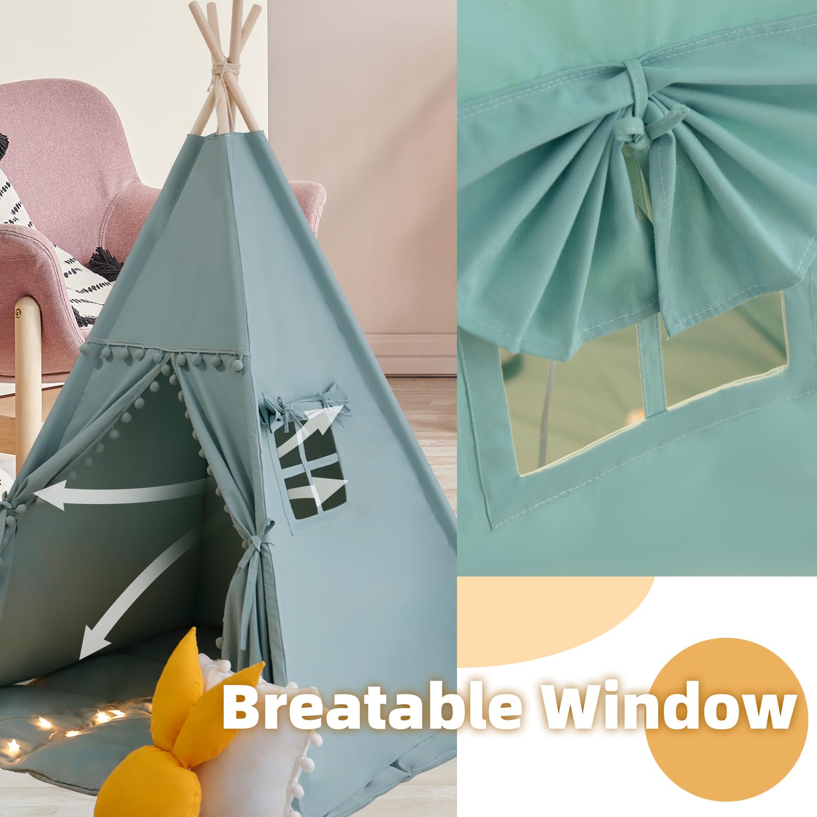 RONGFA Teepee Tent for Kids with Mat, Star Lights, Carry Case, Cotton Canvas Playhouse, Foldable Tents, Portable Children Play Tent Indoor Outdoor