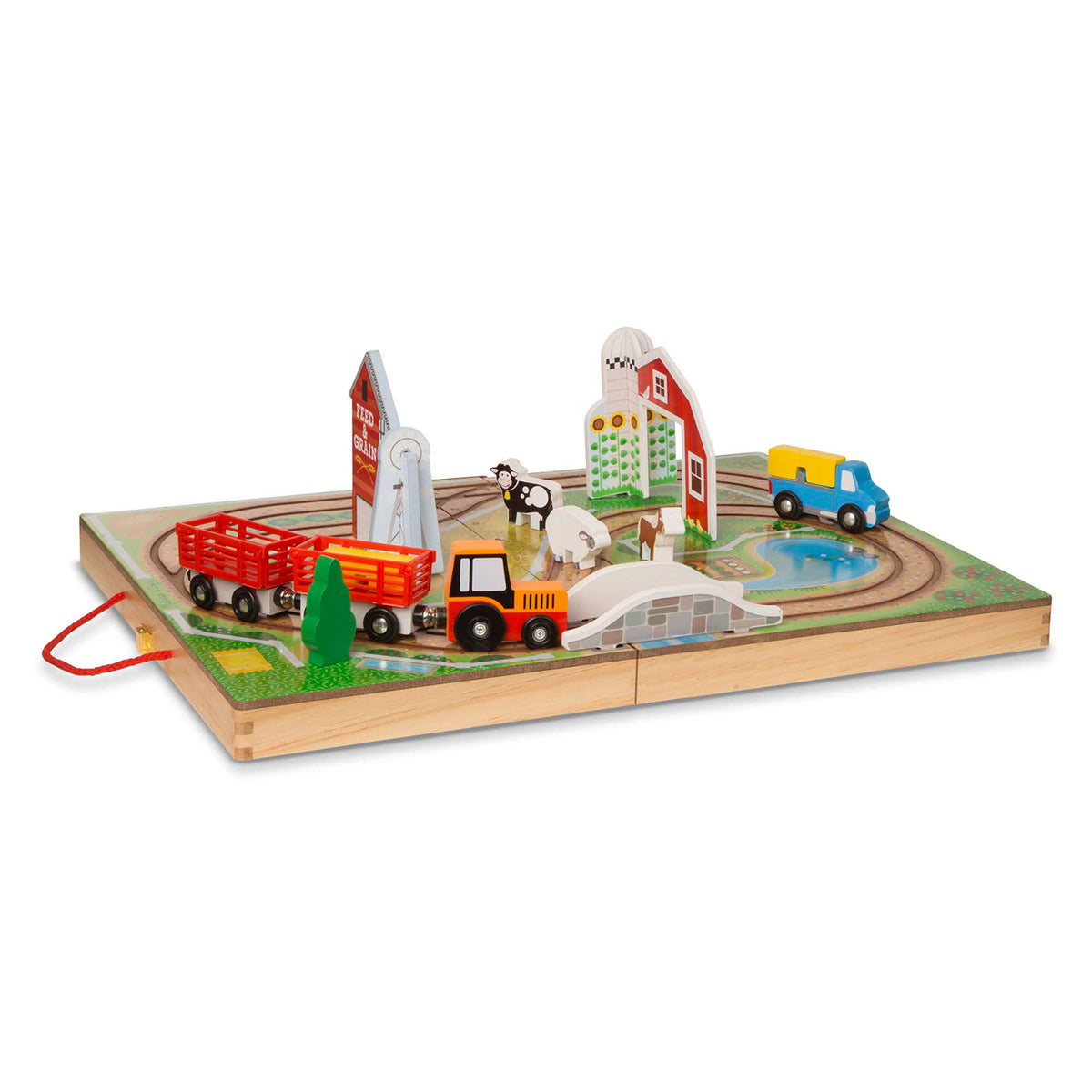 Melissa & Doug 17-Piece Wooden Take-Along Tabletop Farm, 4 Farm Vehicles, Play Pieces, Barn, Grain House Take-Along Pretend Play Toy Barn Toys for