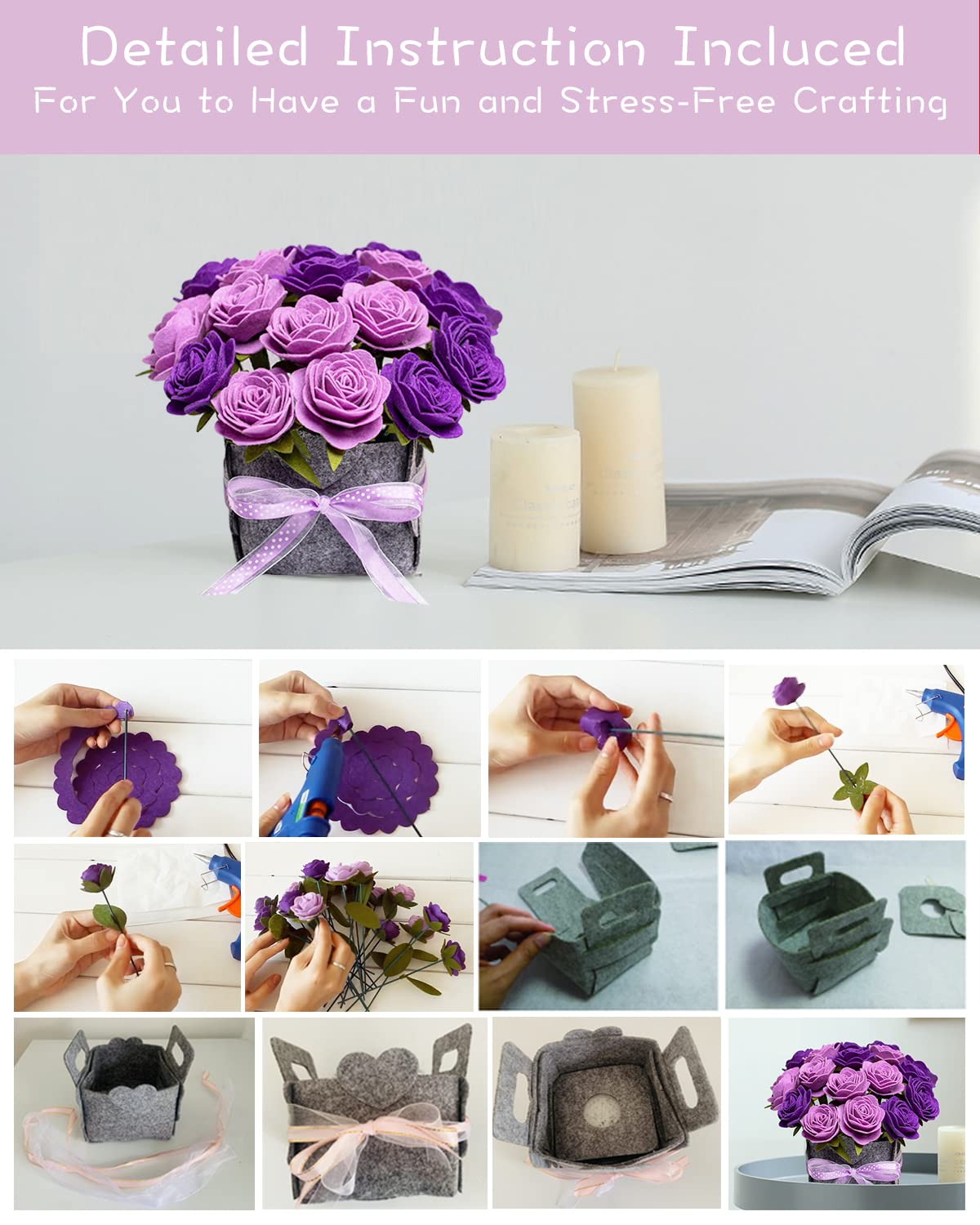 BAZIMA DIY Felt Flower Art Craft Kit, DIY Purple Rose Pot Bonsai Kit, Floral Gifts, Beginner Craft Kit, Arrange Pre-Cut Flowers and Foliage