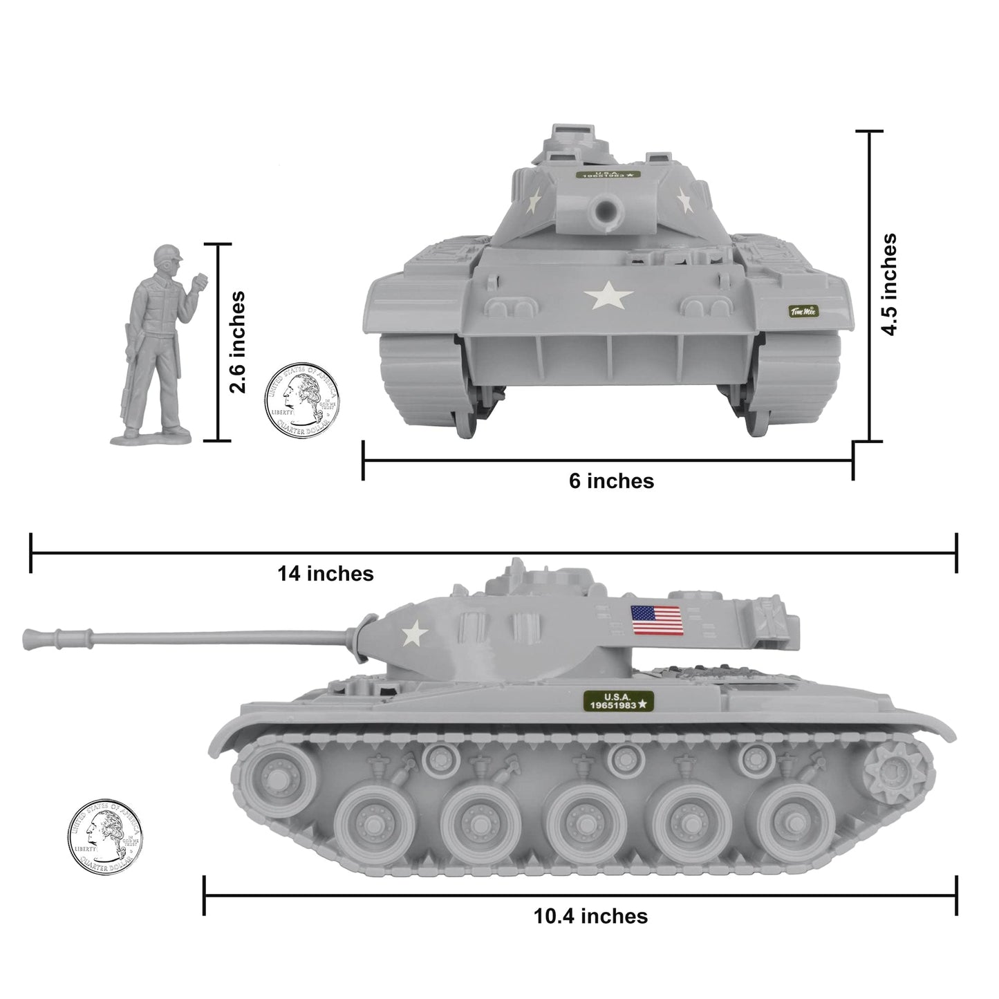 Tim Mee Toy Walker Bulldog Tank Playset- Gray 13pc - Made in USA