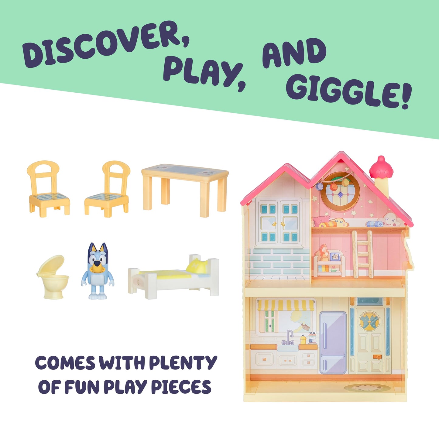 Mini House Playset with 2.5" Figure & 5 Accessories, 3 Room Play House Toys with Carry Handle, Compact Travel Toy