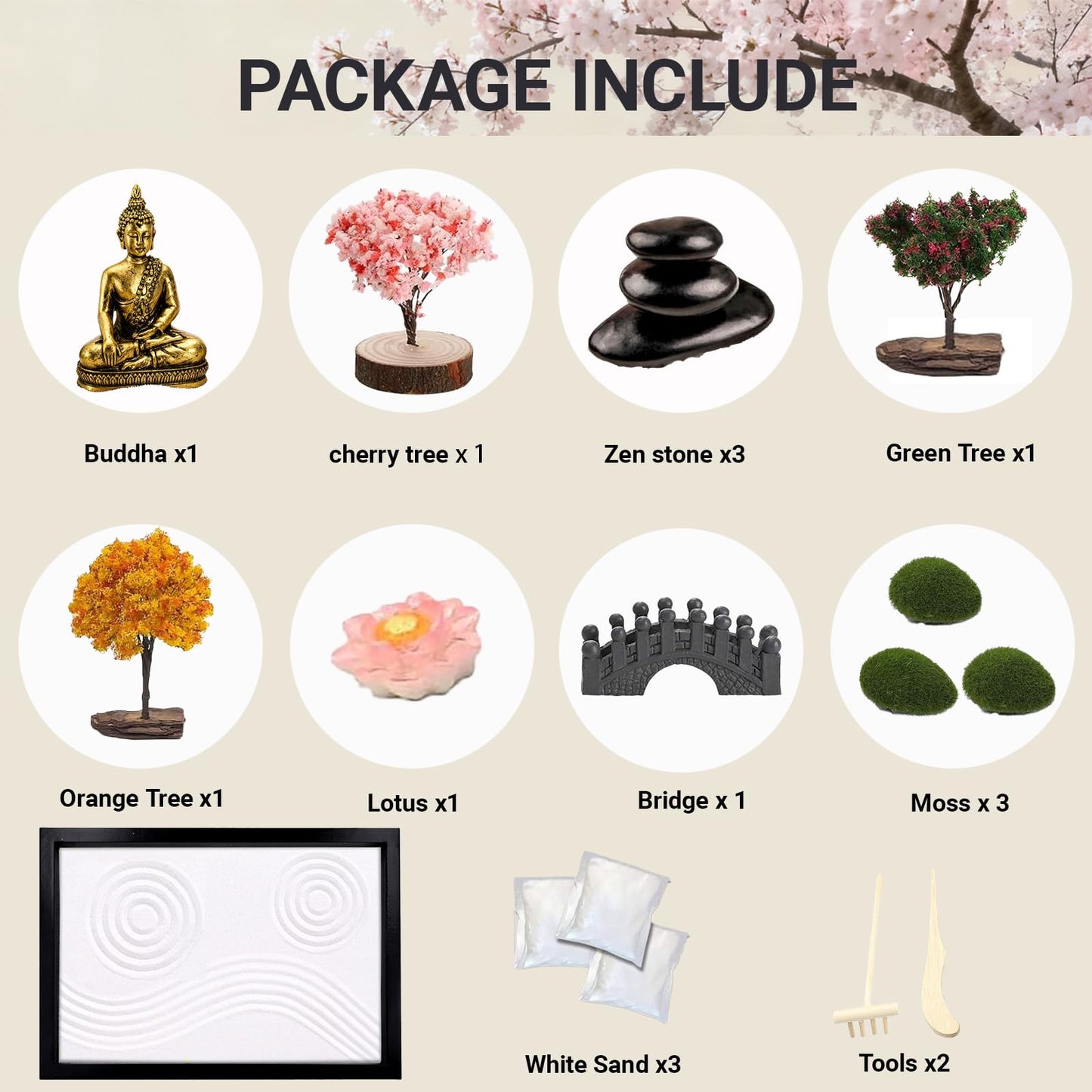 Zen Garden Kit for Desk -12.6" x 7.8" Japanese Zen Sand Garden Gift Set, Sand Tray Therapy Kit with 15 Accessories for Home,Office Desk＆Meditation