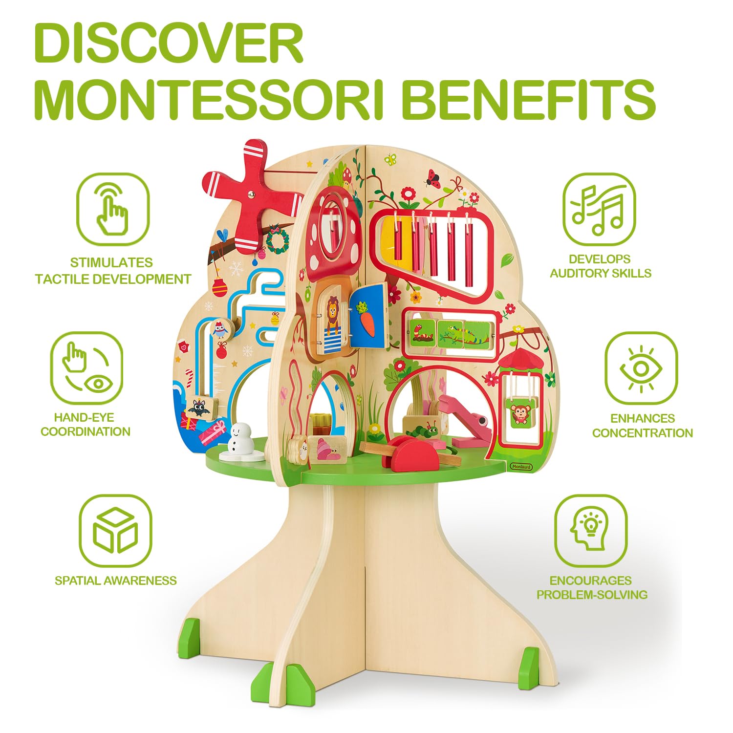 Monläurd® Montessori Wooden Tree Activity Center, Sensory Table & Busy Board for Toddlers 1-3, 4-Season Learning Activity Cube for Playroom & Daycare