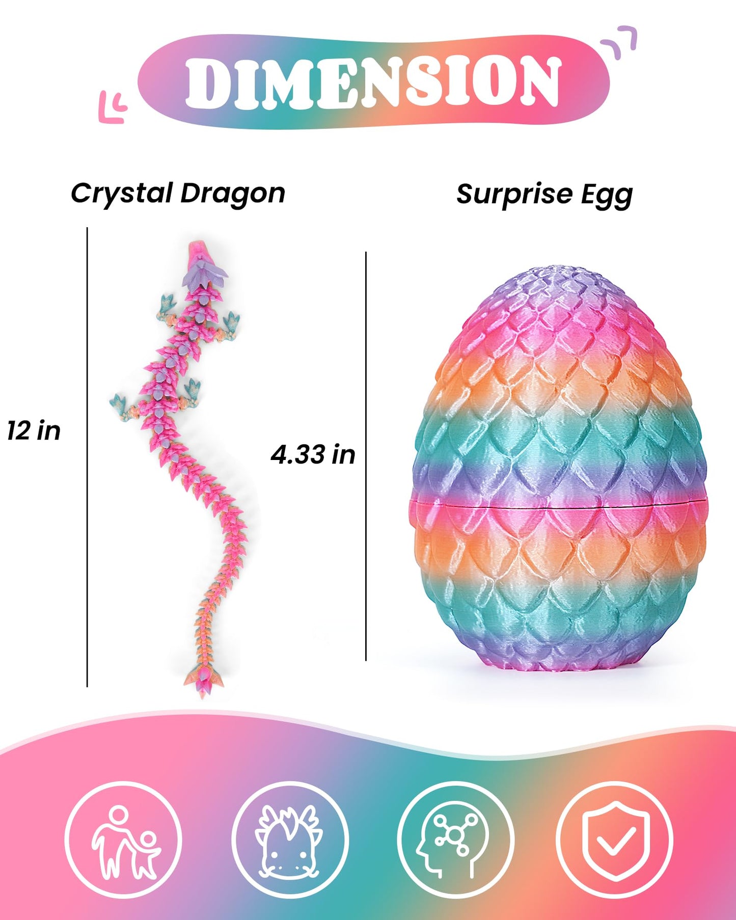 12" 3D Printed Dragon Easter Eggs with Dragon Inside, Prefilled Easter Dragon Egg with Dragon Toy for Basket Stuffers,Articulated Crystal Dragon