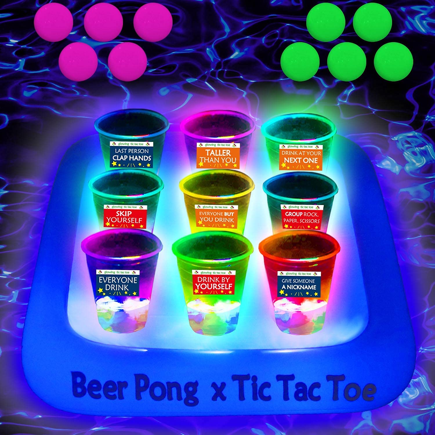 Ahuimeius 23 x 23 Inch Glowing Pool Party Rack Tic Tac Toe Floating Rafts, Swimming Pool Pong Party Game Drinking Game and Drink Holder, Includes 1
