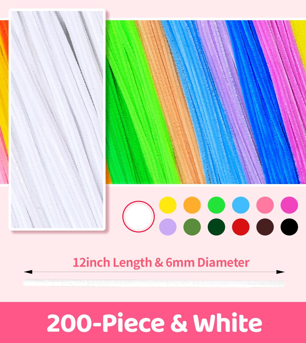 Tiehuoxia 200pcs Pipe Cleaners [White] Thick Chenille Stems for DIY Crafts & Art Projects, Beginner's Manual Included