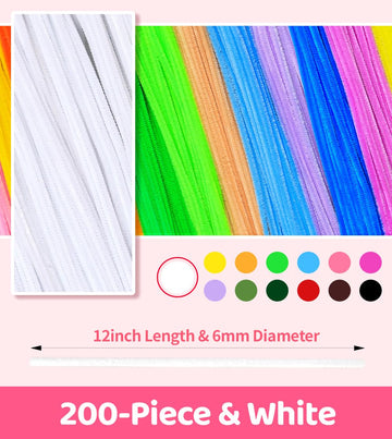 Tiehuoxia 200pcs Pipe Cleaners [White] Thick Chenille Stems for DIY Crafts & Art Projects, Beginner's Manual Included