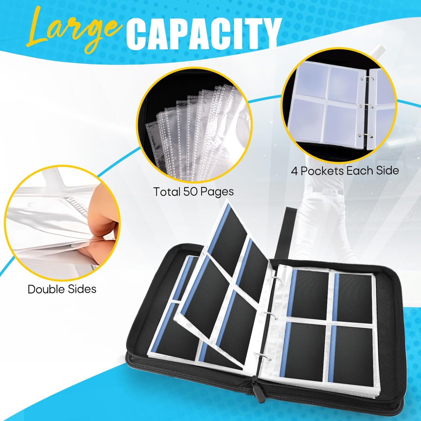 4-Pocket Card Binder, 400 Pockets Trading Card Holder with 50 Removable Sleeves, Large Capacity Waterproof Zipper Album for Collectors, Portable