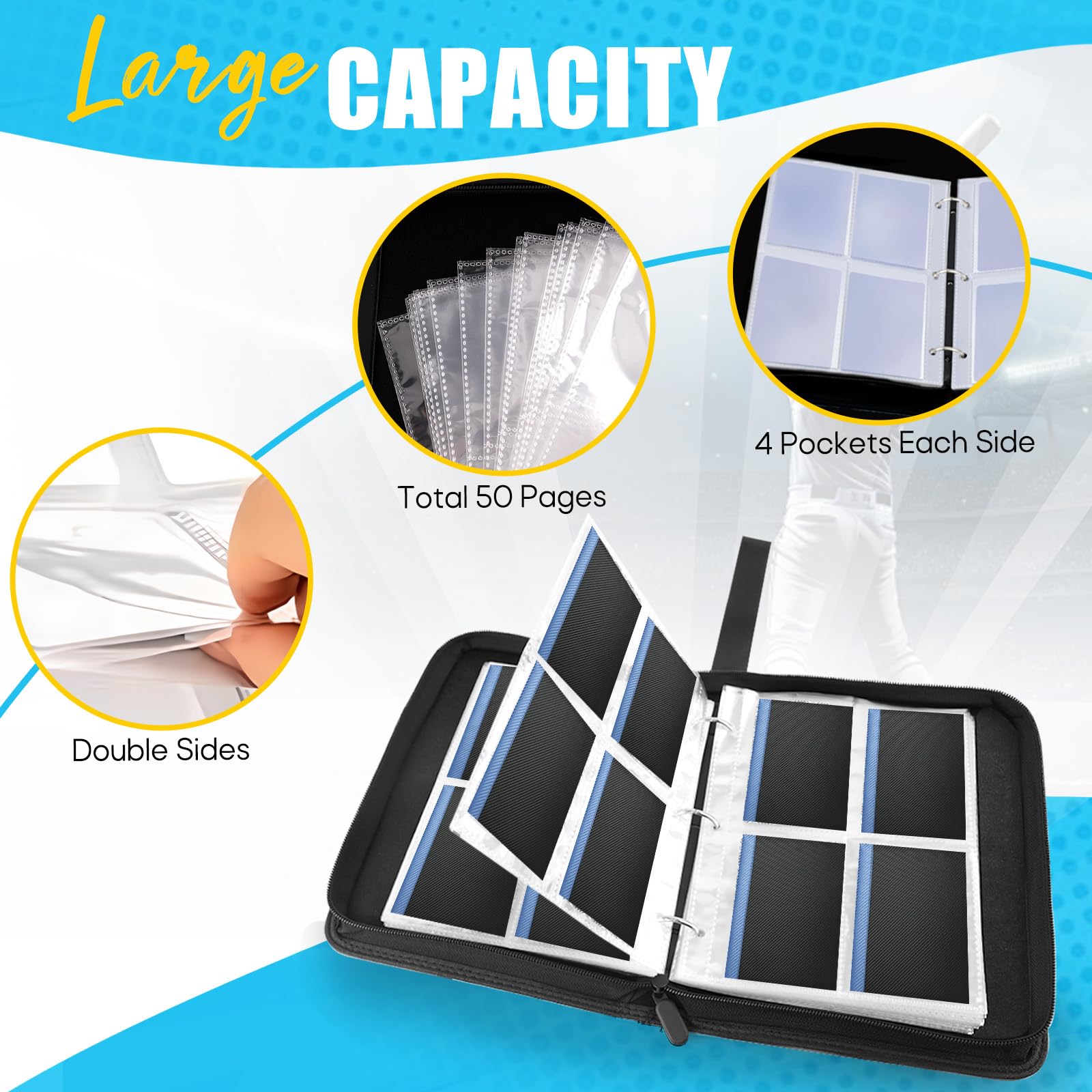 4-Pocket Card Binder, 400 Pockets Trading Card Holder with 50 Removable Sleeves, Large Capacity Waterproof Zipper Album for Collectors, Portable