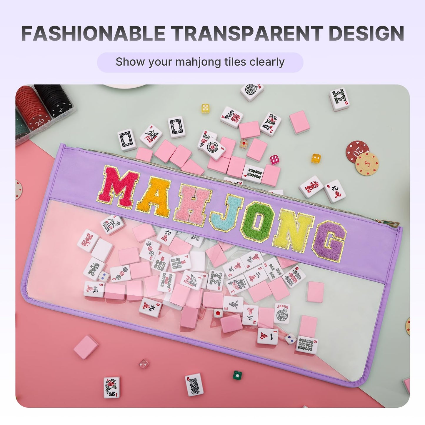 DEVPNR Clear American Mahjong Tile Bag with Zipper, Romantic Purple