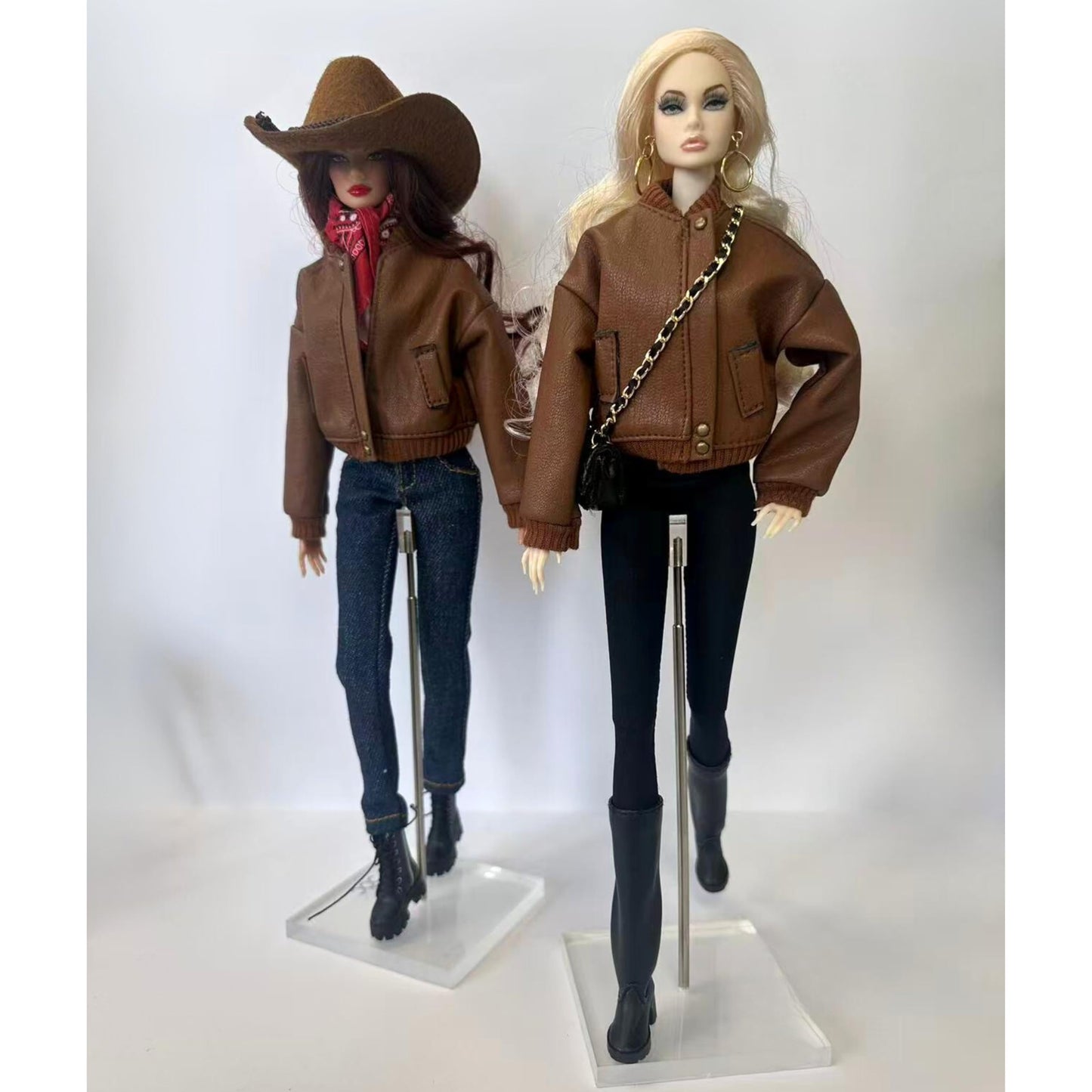 AQQeenmiu Fashion Doll Outfit Set, Bomber Jacket with Combat Boots and Chain Bag, for 11.5-12 inch Dolls, 1/6 BJD (Brown Bomber Jacke)