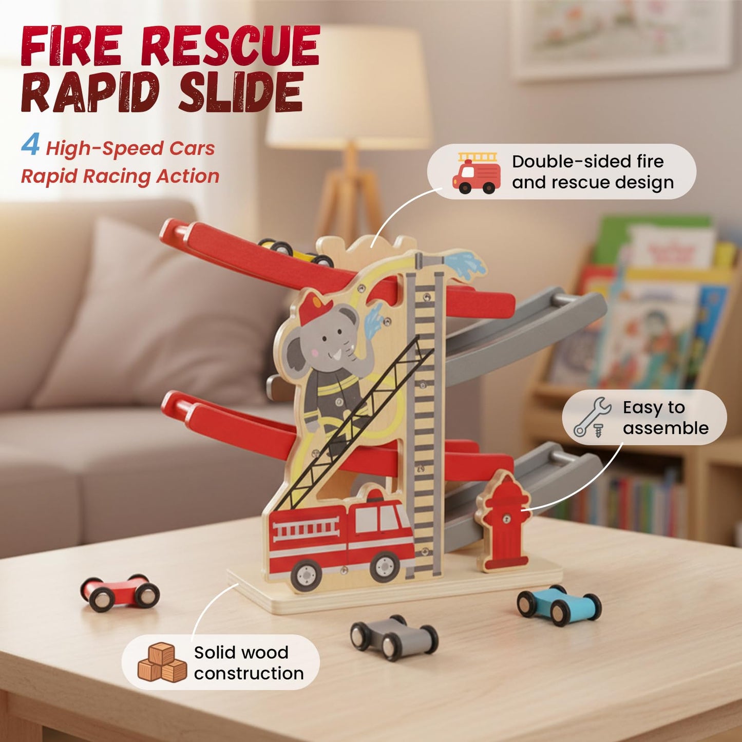 Wooden Car Ramp Toy Set,Car Toys for 1 2 Year Old Boy Birthday Gifts?Montessori Toddler Race Car Ramp Racer with 4 Mini Cars?Vehicle Playset