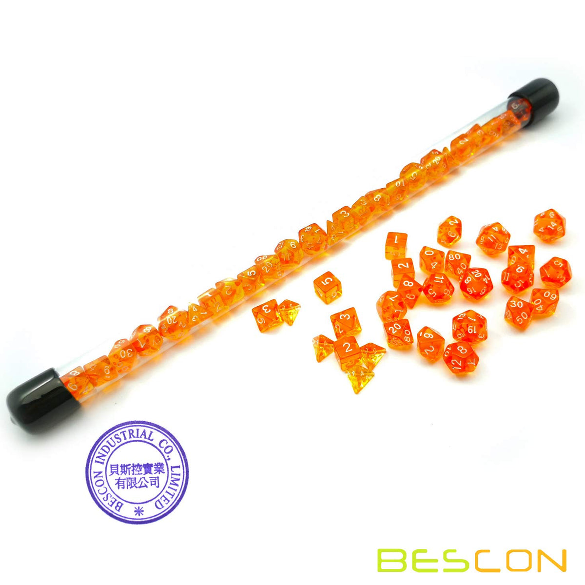Bescon 28pcs Translucent Orange Mini Polyhedral Dice Set in Tube, Small Role Playing Polyhedral Dice 4X7pcs,Mini Gem Dice Set