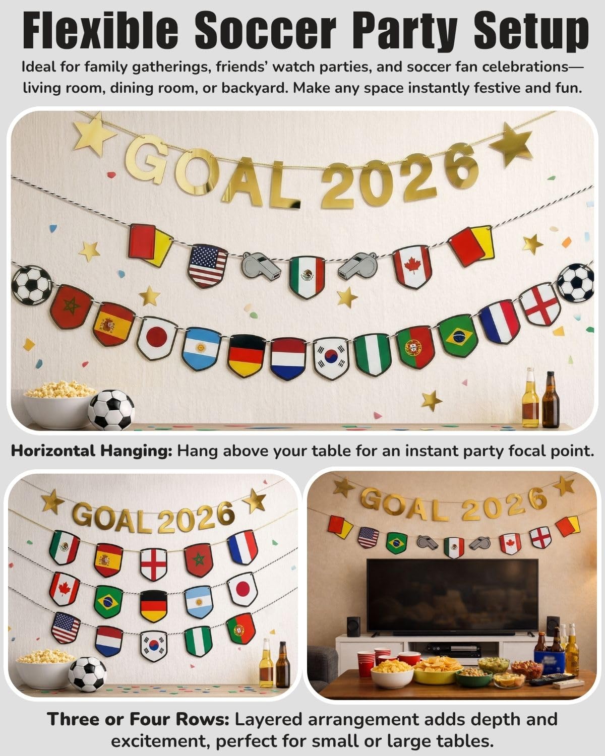 2026 Soccer Watch Party Decorations, GOAL 2026 Banner Set with 15 Country Flags, Soccer Game Day TV Wall Decor for Living Room, Office, Home Party