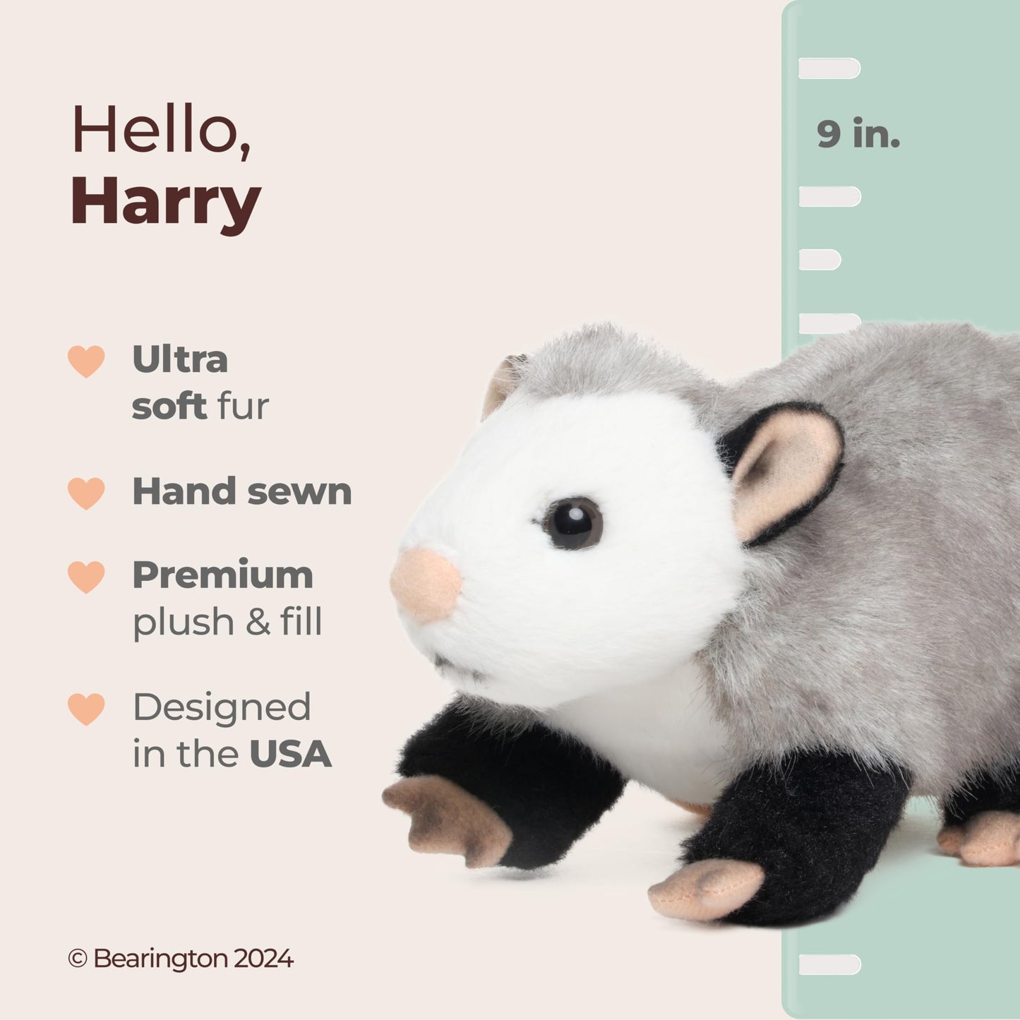 Bearington Harry Possum Plush Toy - 9" Realistic Opossum Stuffed Animal with Soft Fur and Lifelike Details - Adorable and Cuddly Opossum Plushies Gift