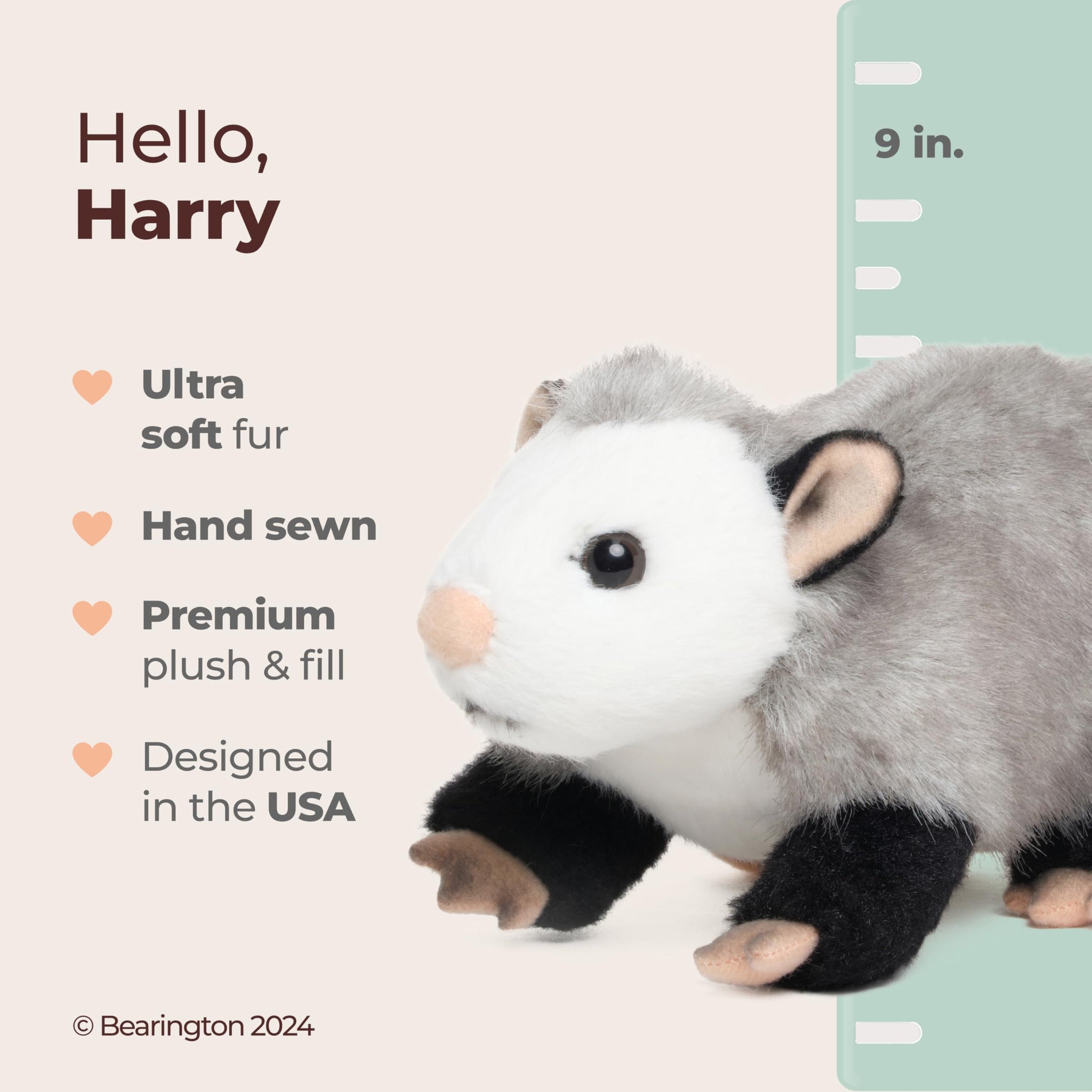 Bearington Harry Possum Plush Toy - 9" Realistic Opossum Stuffed Animal with Soft Fur and Lifelike Details - Adorable and Cuddly Opossum Plushies Gift