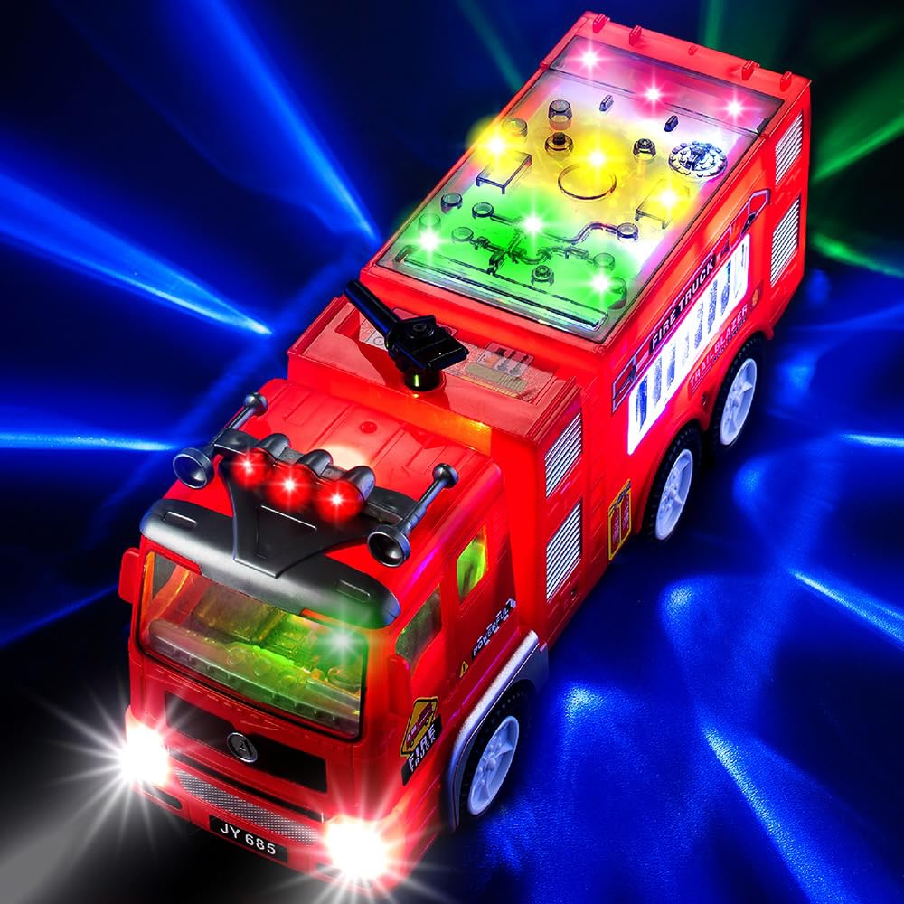 Zetz Brands Fire Truck Toy for Boys, Girls, Kids, w/ 4D LED Lights, Toddlers - Age 3+ Fire Engine Push Toy Car for Little Fireman Real Firetruck Siren