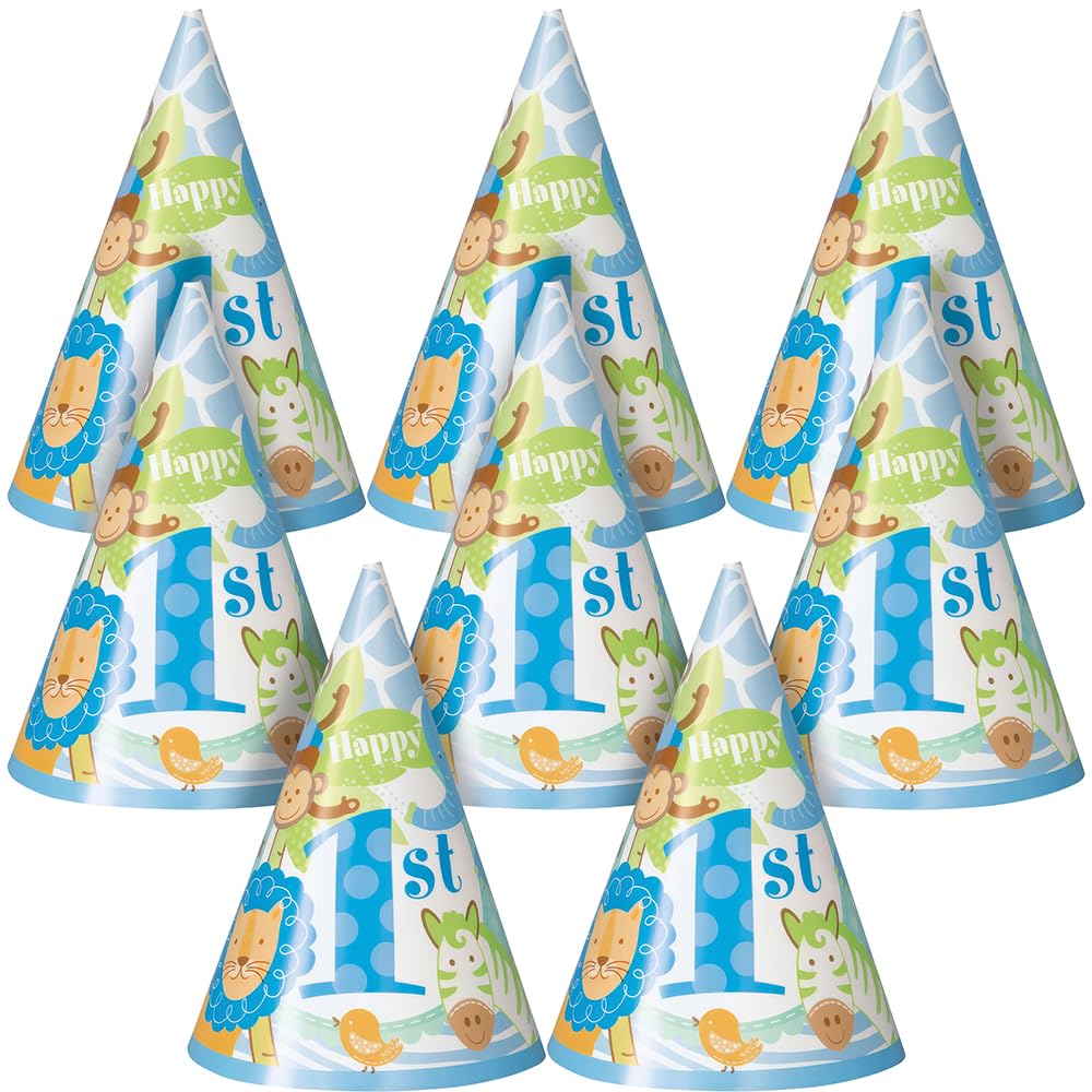 Safari 1st Birthday Party Cone Hats - Blue, 8 Pcs