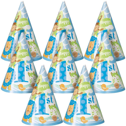 Safari 1st Birthday Party Cone Hats - Blue, 8 Pcs