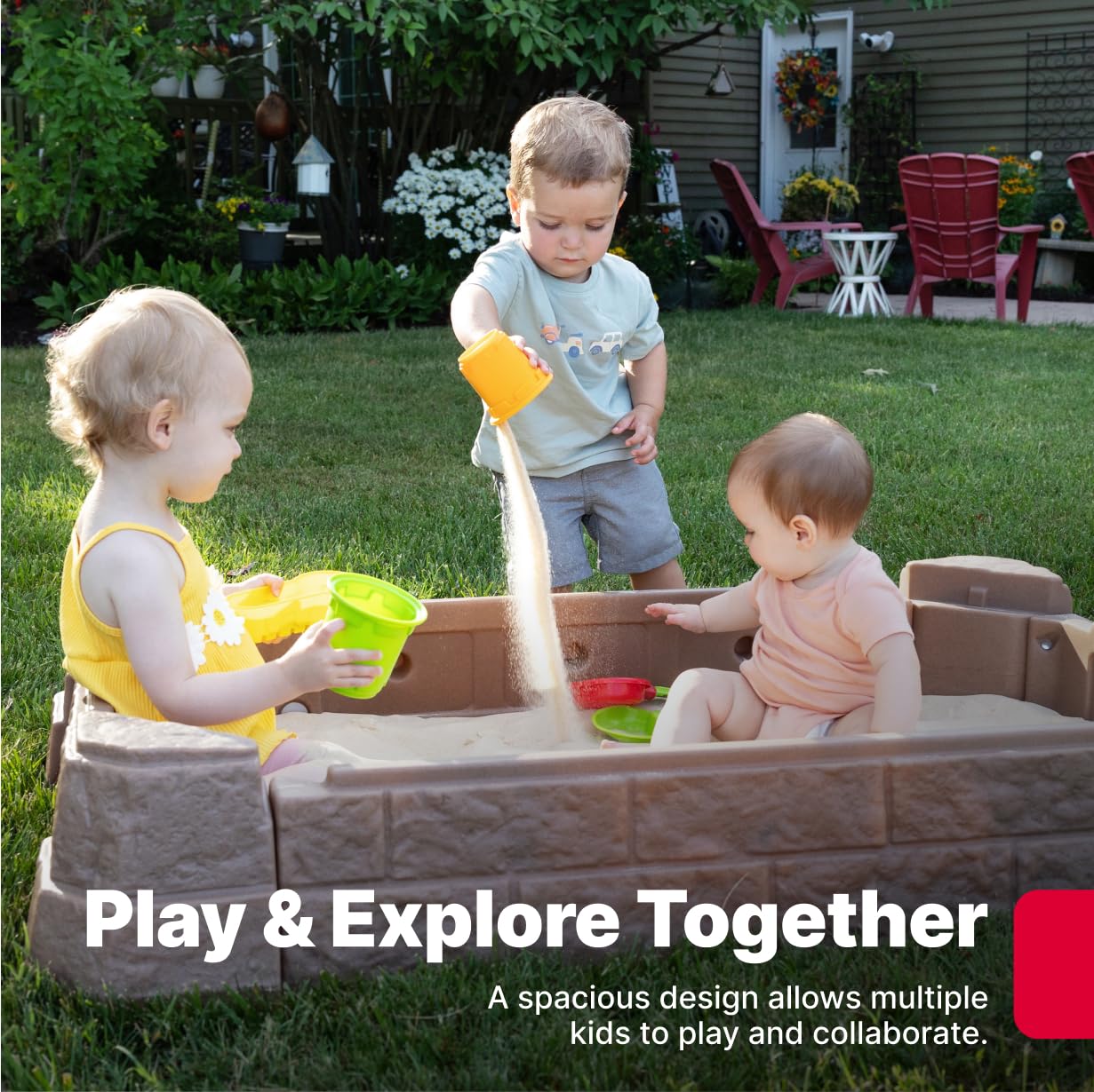 Step2 Naturally Playful Sandbox II, Kids Sand Activity Sensory Play Pit, Summer Outdoor Toys, 7 Piece Water Toy Accessories, for Toddlers 1+ Years Old