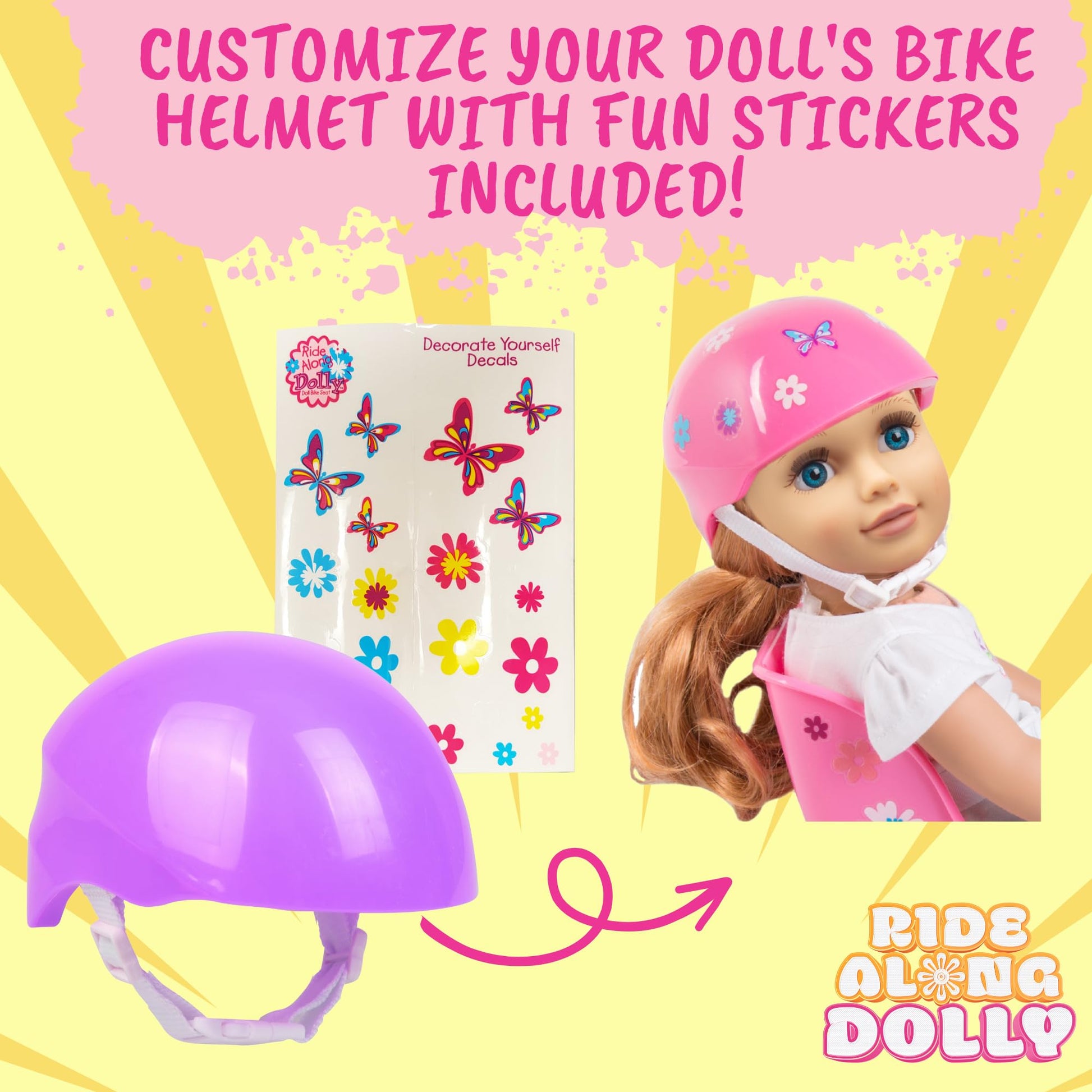 Ride Along Dolly Bike Helmet for 18" Dolls (Pink) - Compatible with American Girl, Our Generation, Wellie Wishers- Bicycle Accessory w Decal Stickers