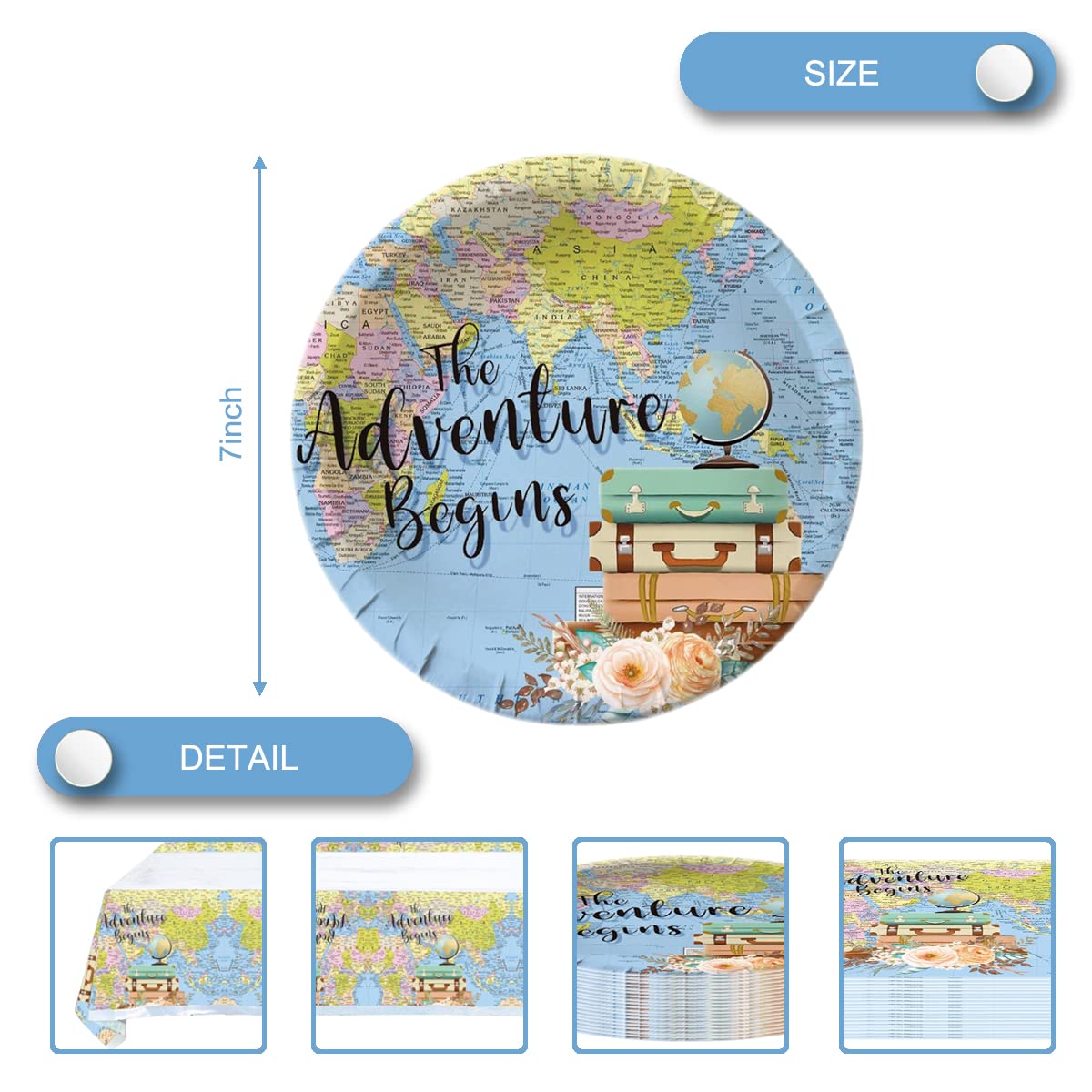 Adventure World Awaits Map Party Tableware,20 Plates and 20 Napkins and Tablecloth71 '' x 42 ''Travel Retirement Adventure World Party Decorate